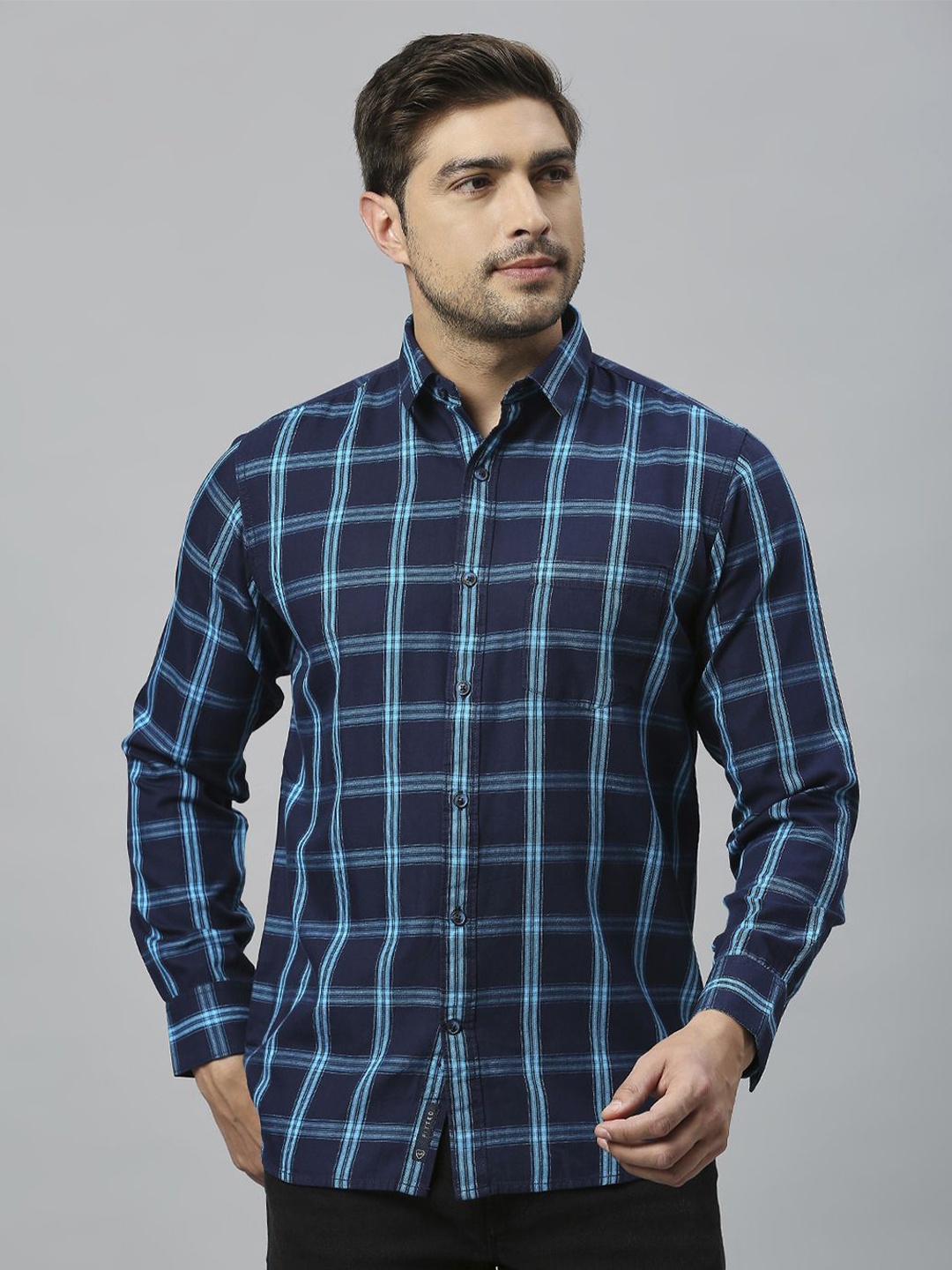 

Klub Fox Men Slim Fit Tartan Checks Opaque Checked Casual Shirt, Navy blue