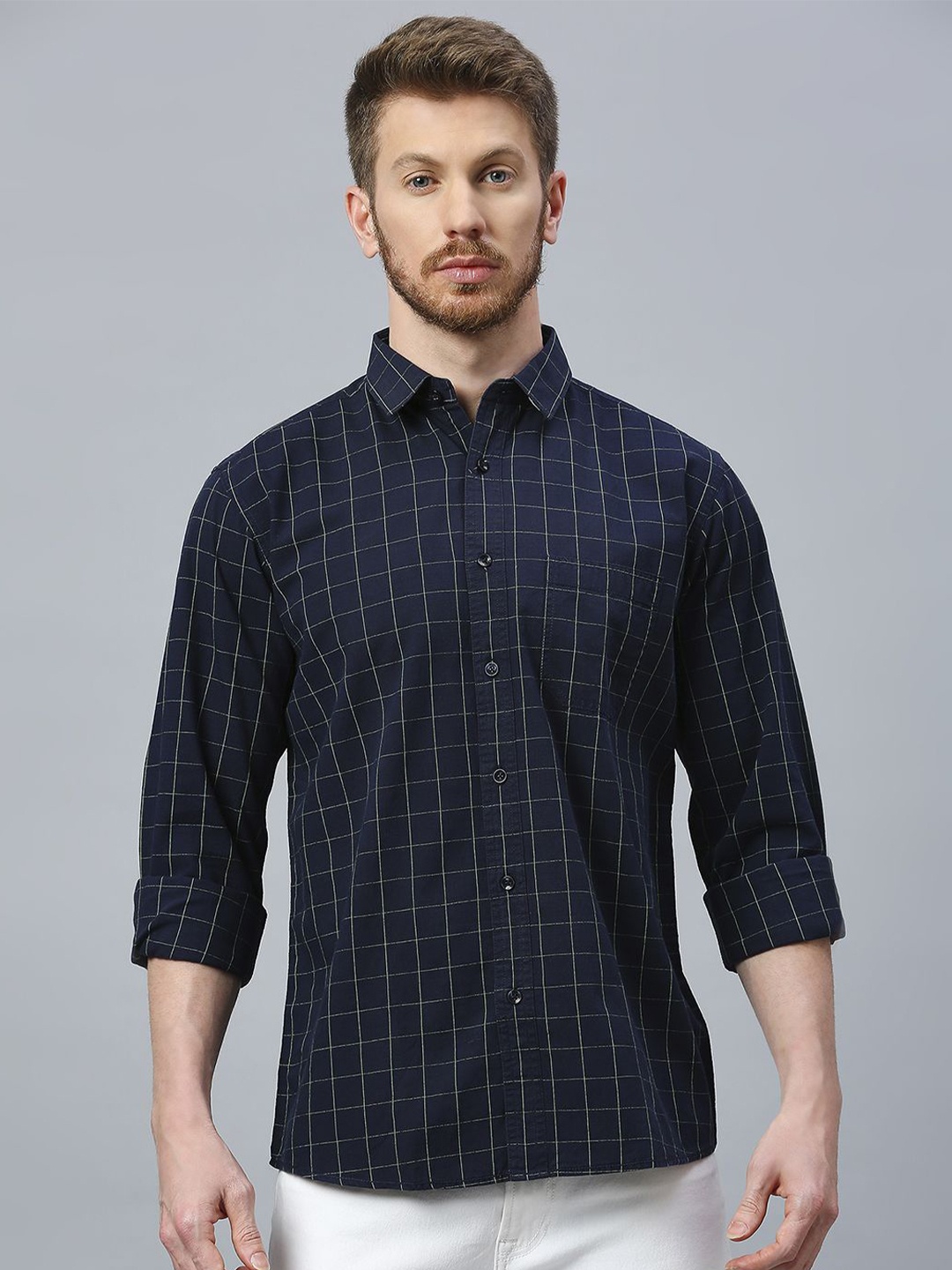 

Klub Fox Men Slim Fit Grid Tattersall Checks Opaque Checked Casual Shirt, Blue