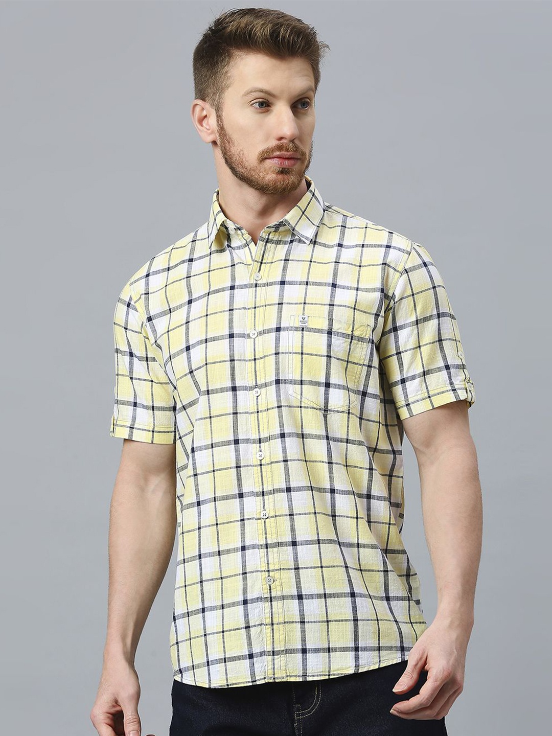 

Klub Fox Men Slim Fit Tartan Checks Opaque Checked Casual Shirt, Yellow