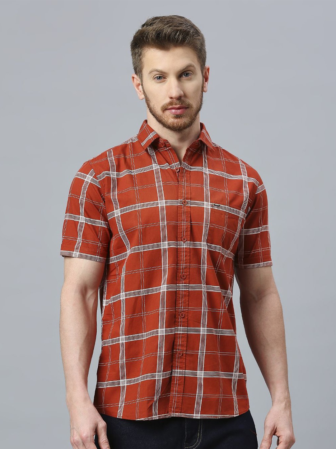 

Klub Fox Men Slim Fit Tartan Checks Opaque Checked Casual Shirt, Rust