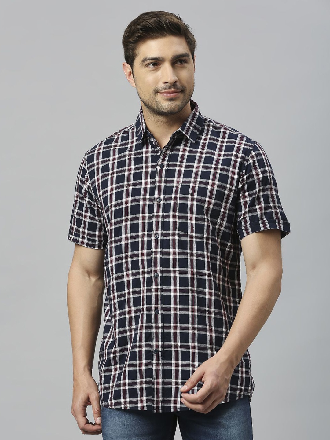 

Klub Fox Men Slim Fit Tartan Checks Opaque Checked Casual Shirt, Navy blue