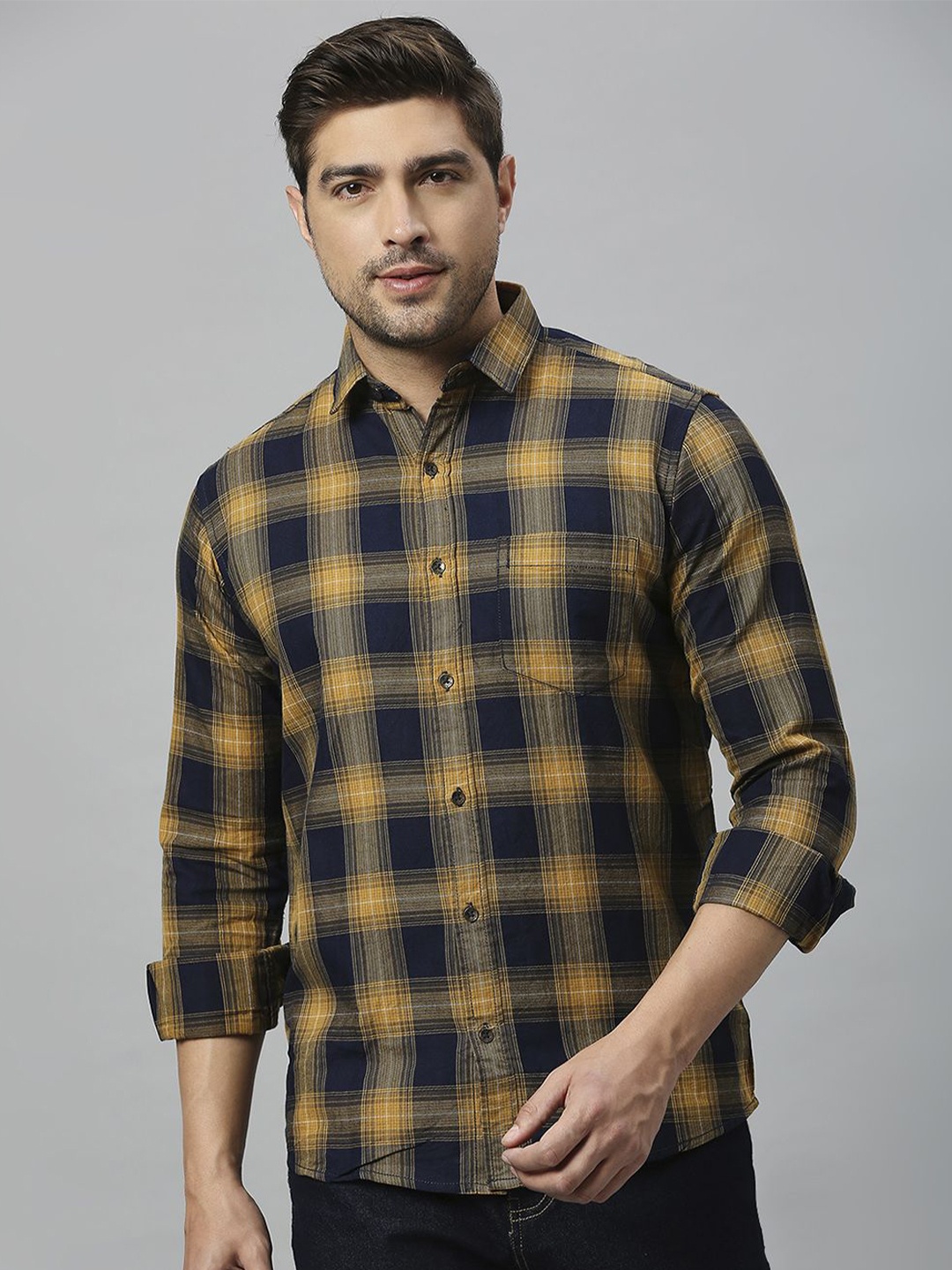 

Klub Fox Men Slim Fit Tartan Checks Opaque Checked Casual Shirt, Yellow