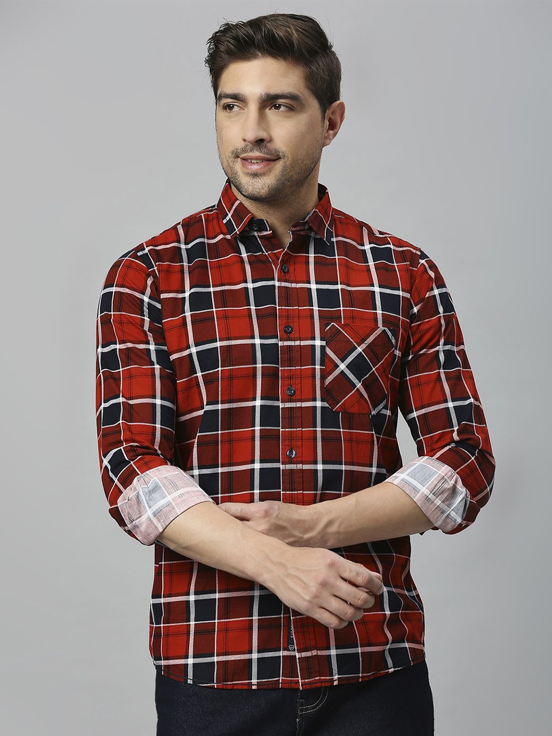

Klub Fox Men Slim Fit Tartan Checks Opaque Checked Casual Shirt, Red