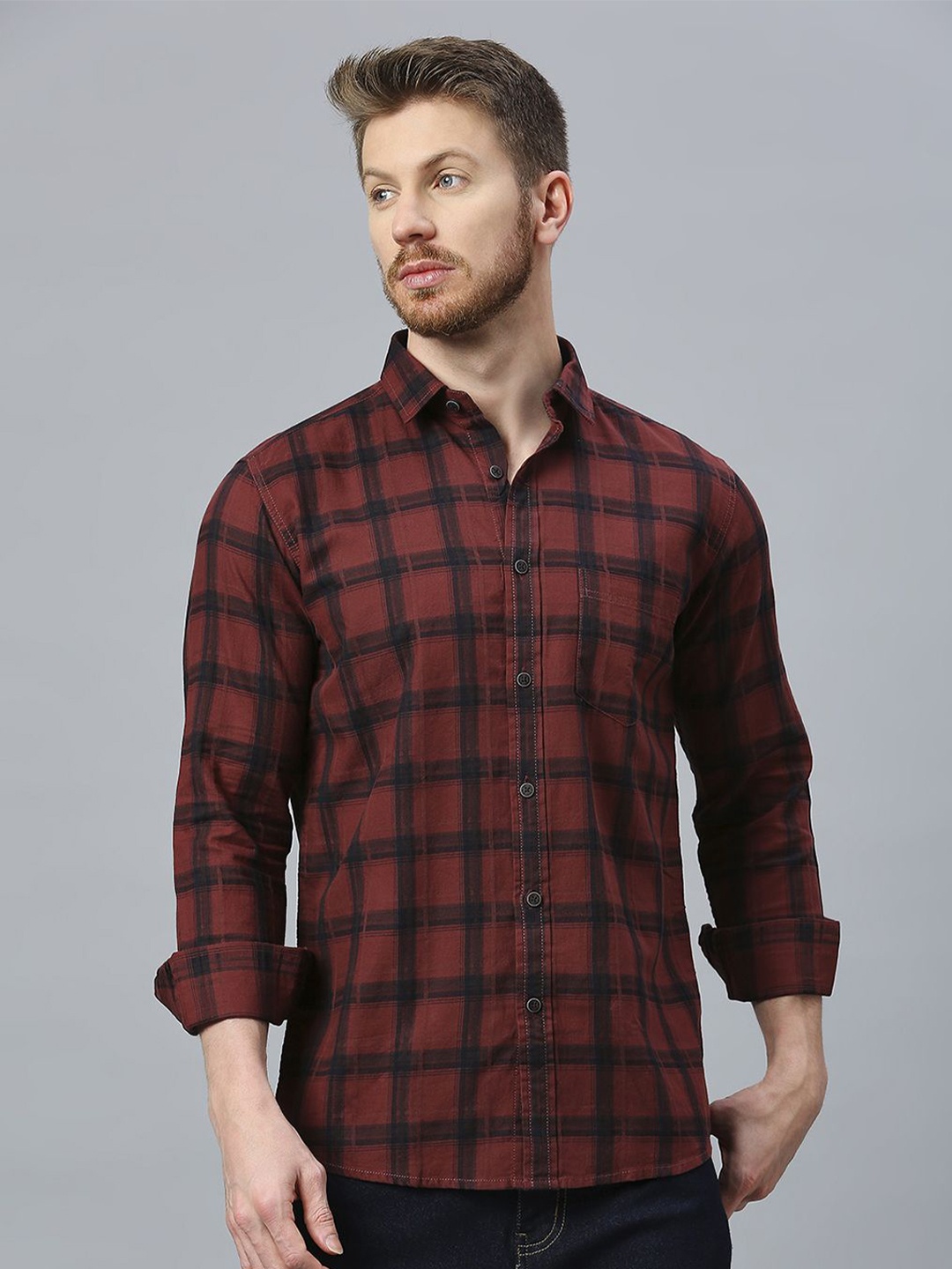 

Klub Fox Men Slim Fit Opaque Checked Casual Shirt, Rust