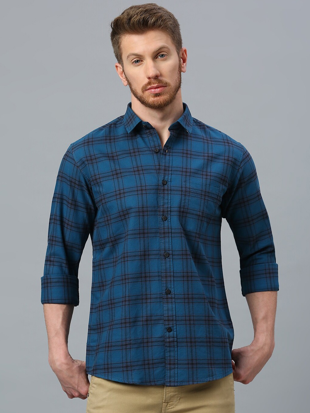 

Klub Fox Men Slim Fit Opaque Checked Casual Shirt, Blue