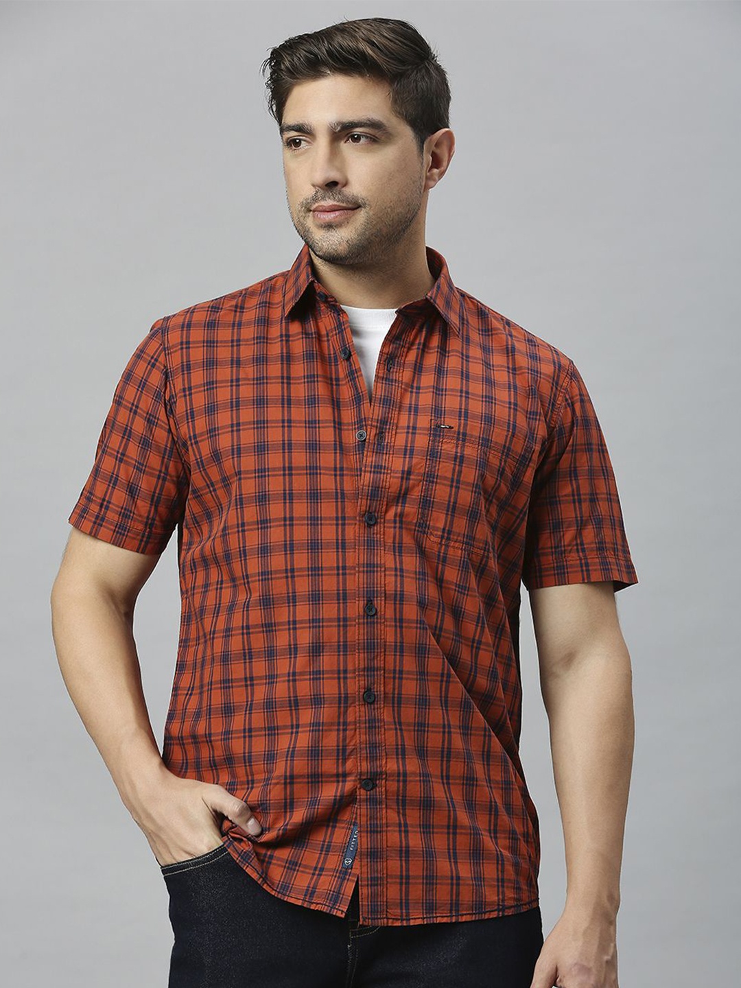 

Klub Fox Men Slim Fit Tartan Checks Opaque Checked Casual Shirt, Rust