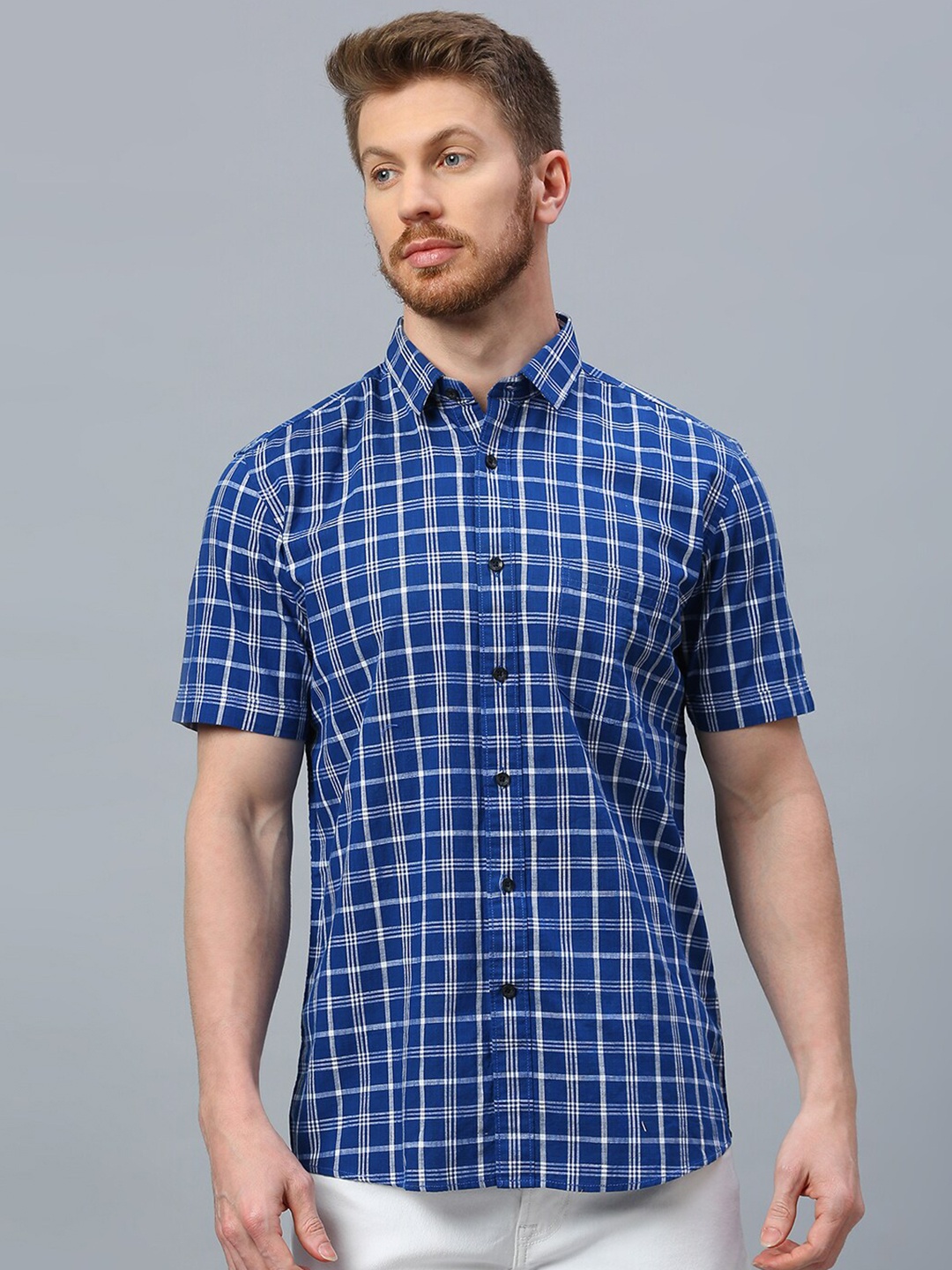 

Klub Fox Men Slim Fit Opaque Checked Casual Shirt, Blue