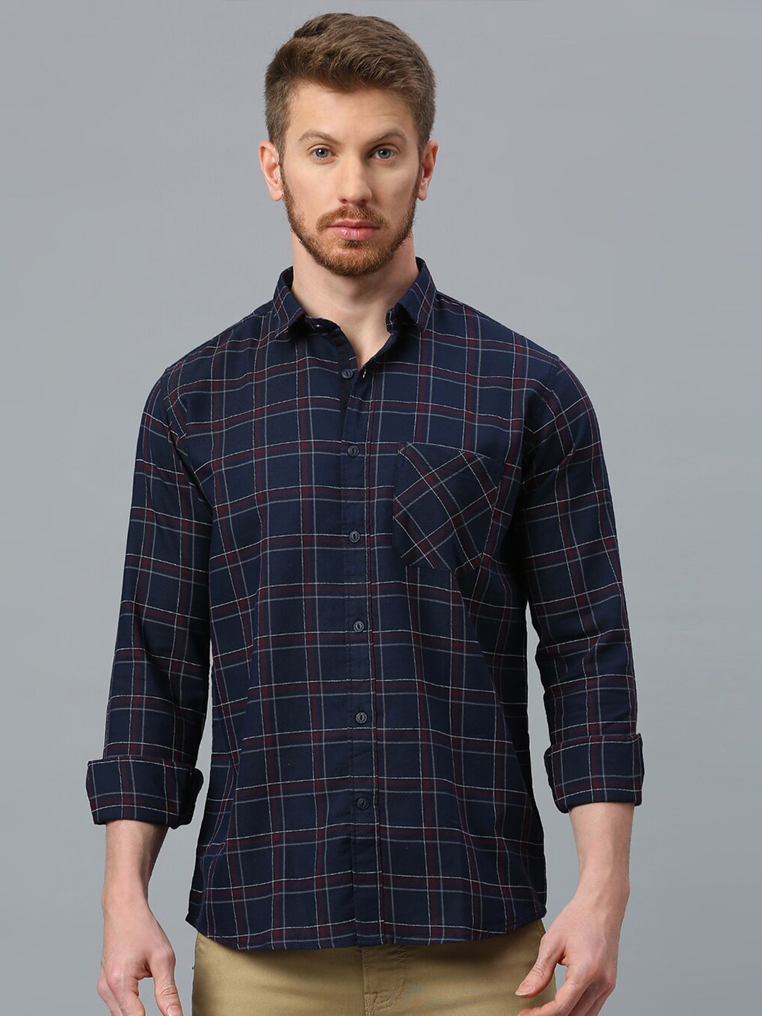 

Klub Fox Men Slim Fit Tartan Checks Opaque Checked Casual Shirt, Navy blue