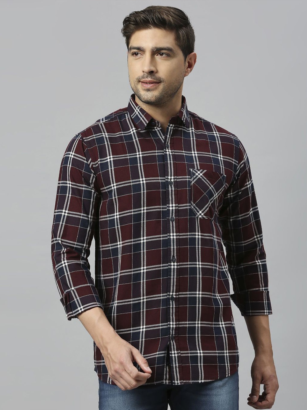 

Klub Fox Men Slim Fit Tartan Checks Opaque Checked Casual Shirt, Maroon