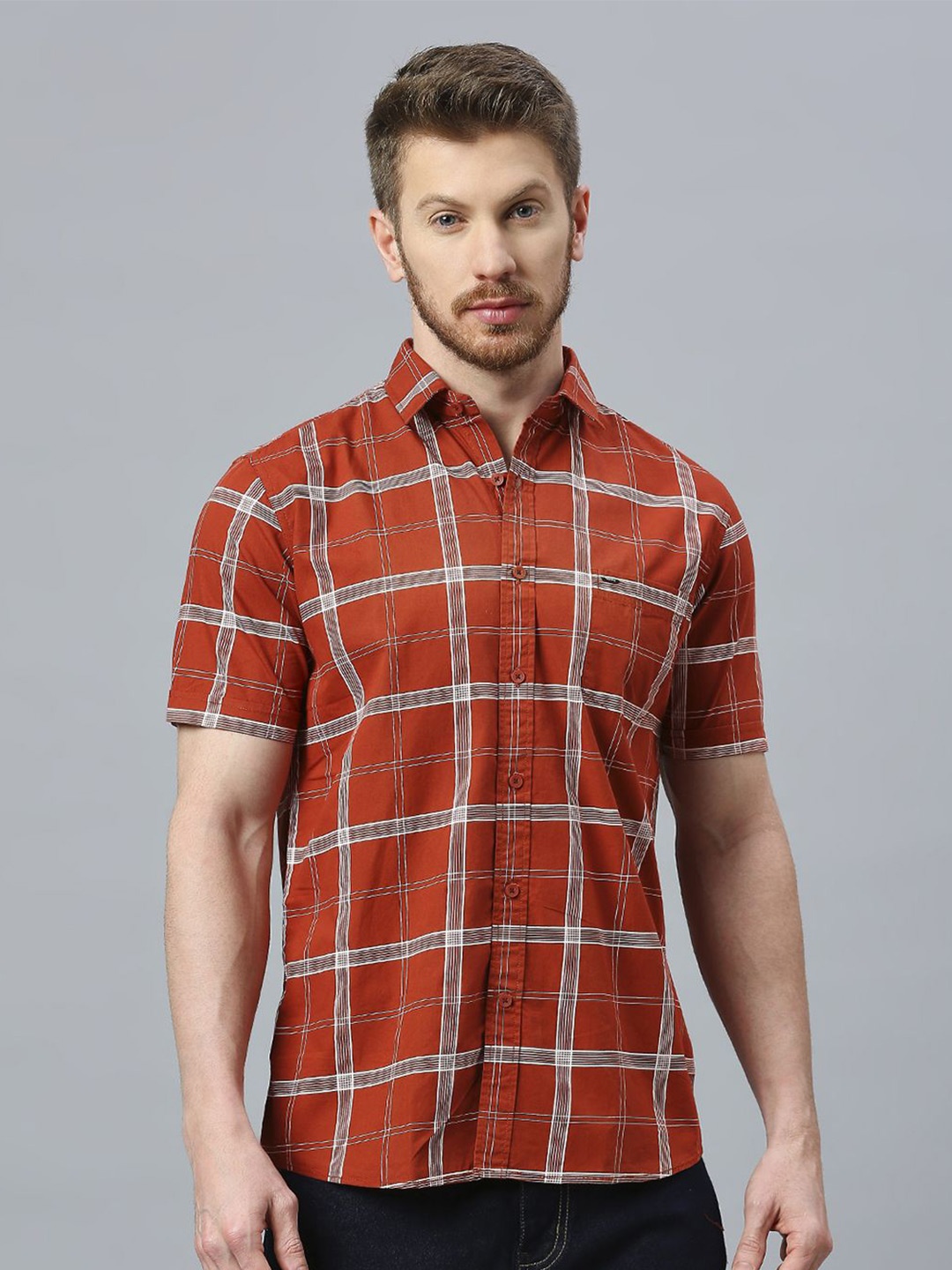 

Klub Fox Men Slim Fit Tartan Checks Opaque Checked Casual Shirt, Rust