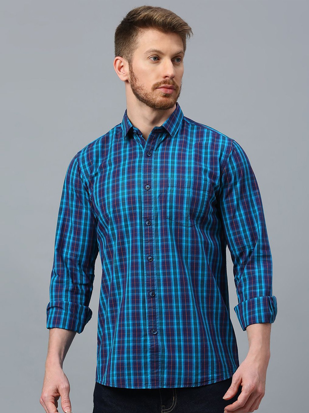 

Klub Fox Men Slim Fit Tartan Checks Opaque Checked Casual Shirt, Blue