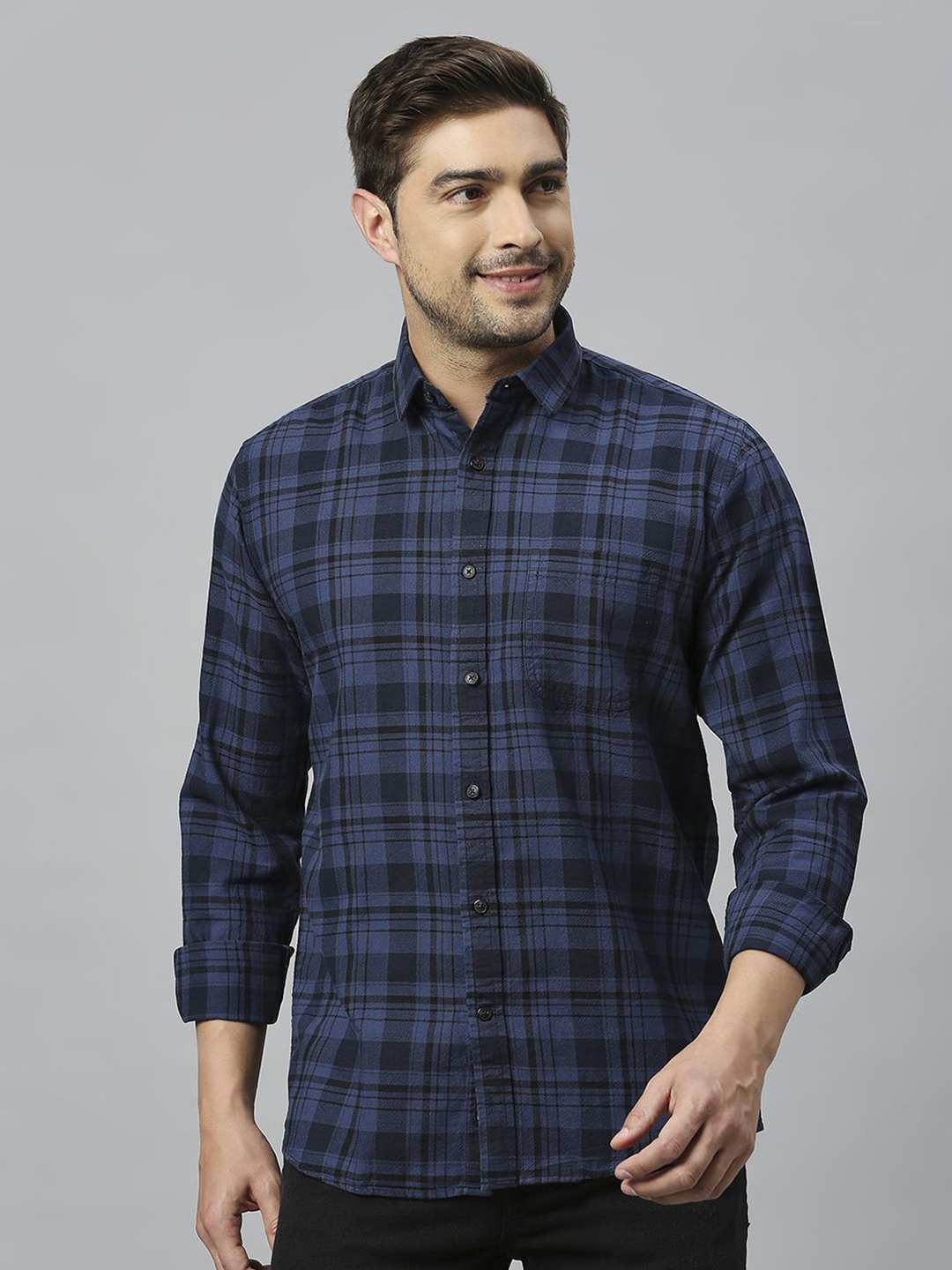 

Klub Fox Men Slim Fit Tartan Checks Opaque Checked Casual Shirt, Navy blue