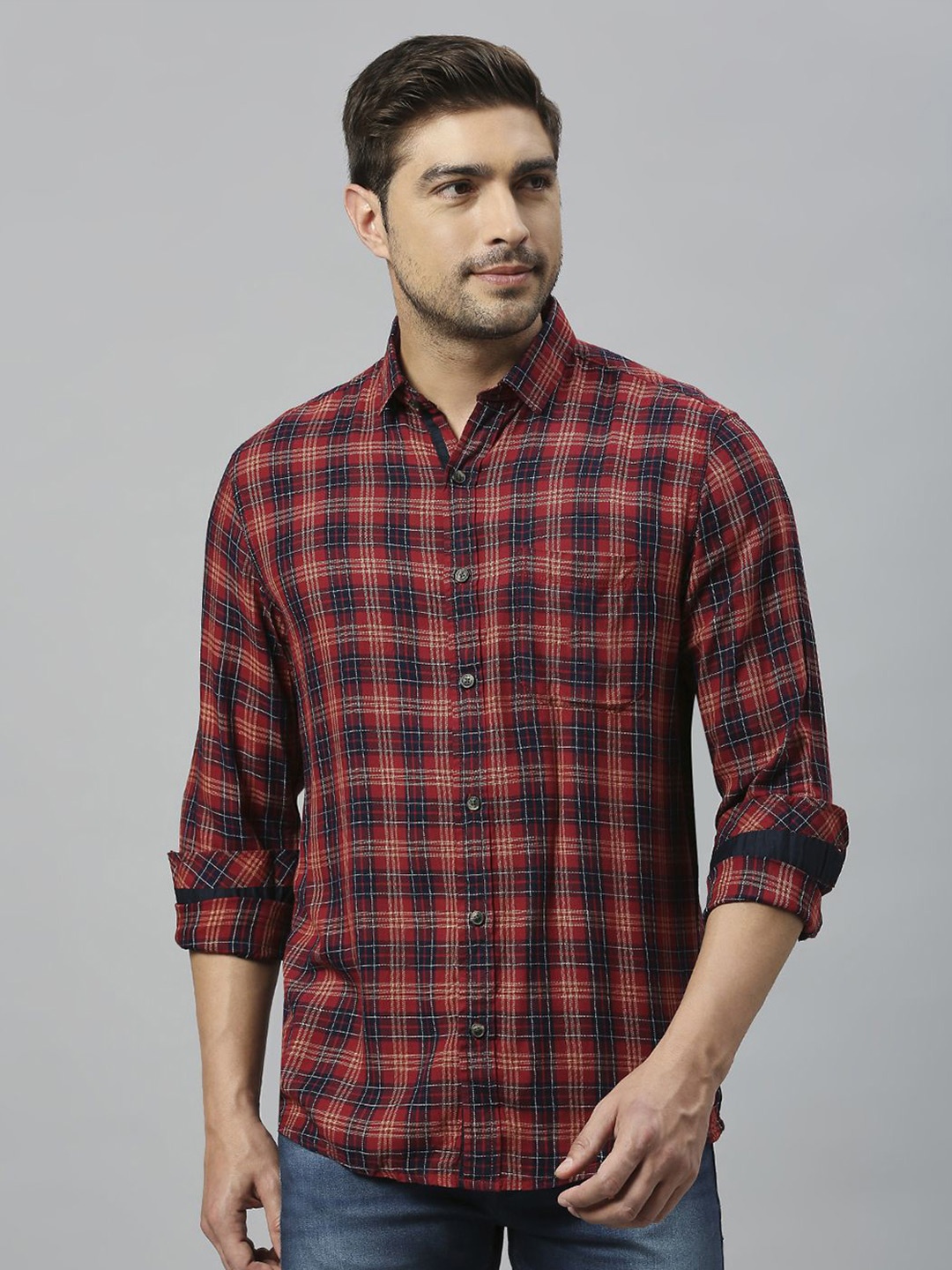 

Klub Fox Men Slim Fit Tartan Checks Opaque Checked Casual Shirt, Red