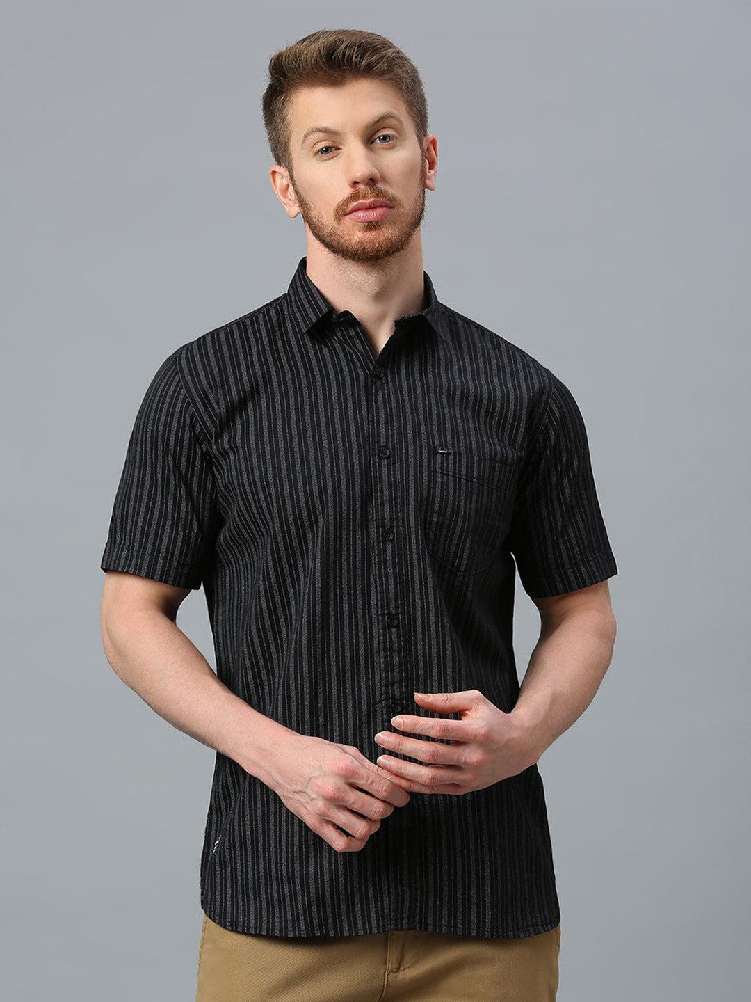 

Klub Fox Men Slim Fit Opaque Striped Casual Shirt, Black