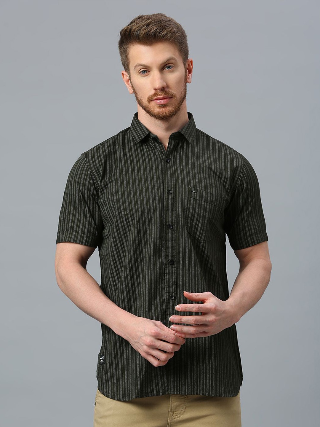 

Klub Fox Men Slim Fit Opaque Striped Casual Shirt, Olive