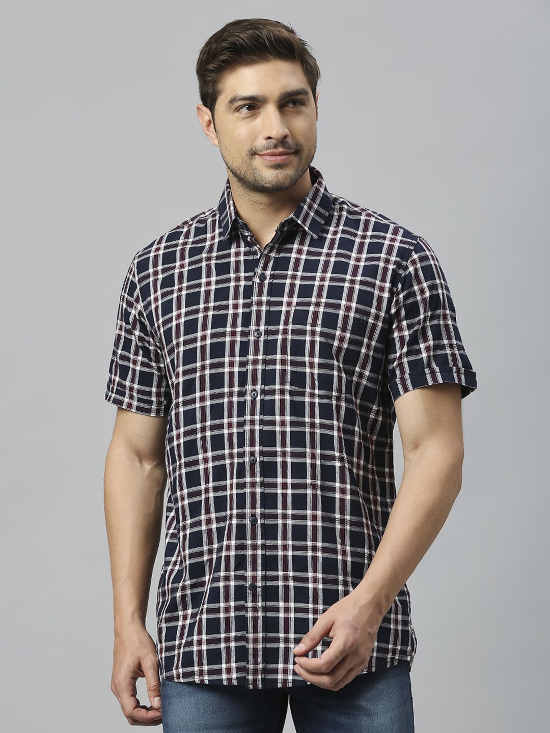 

Klub Fox Men Slim Fit Tartan Checks Opaque Checked Casual Shirt, Navy blue