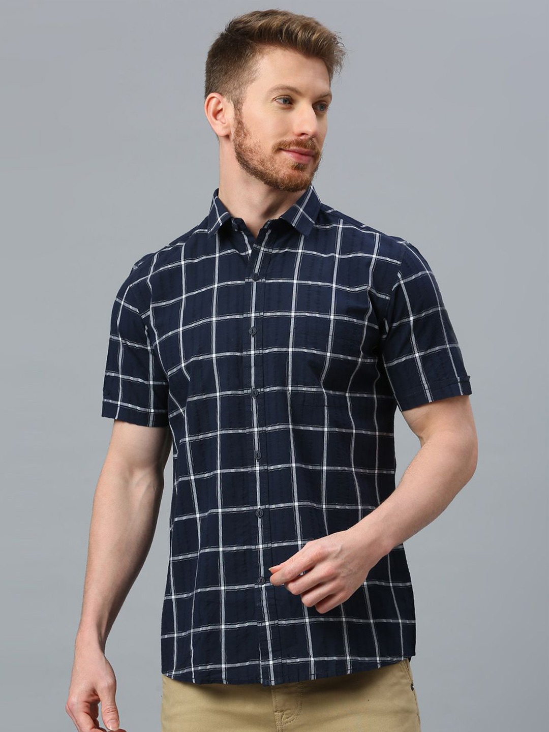 

Klub Fox Men Slim Fit Windowpane Checks Opaque Checked Casual Shirt, Navy blue