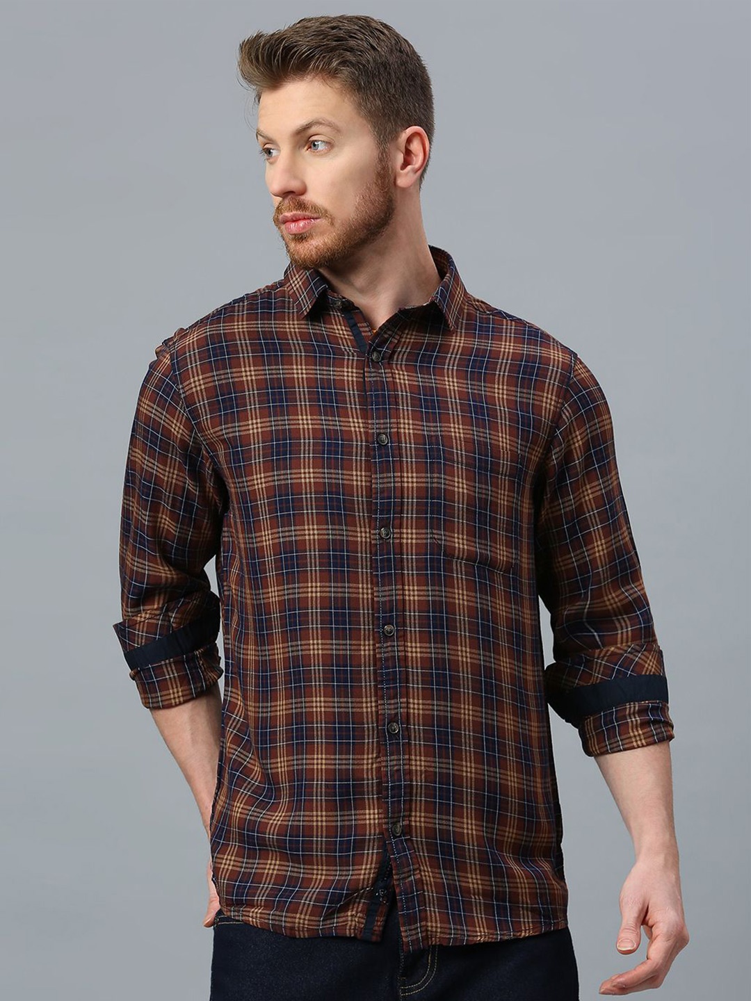 

Klub Fox Men Slim Fit Tartan Checks Opaque Checked Casual Shirt, Brown