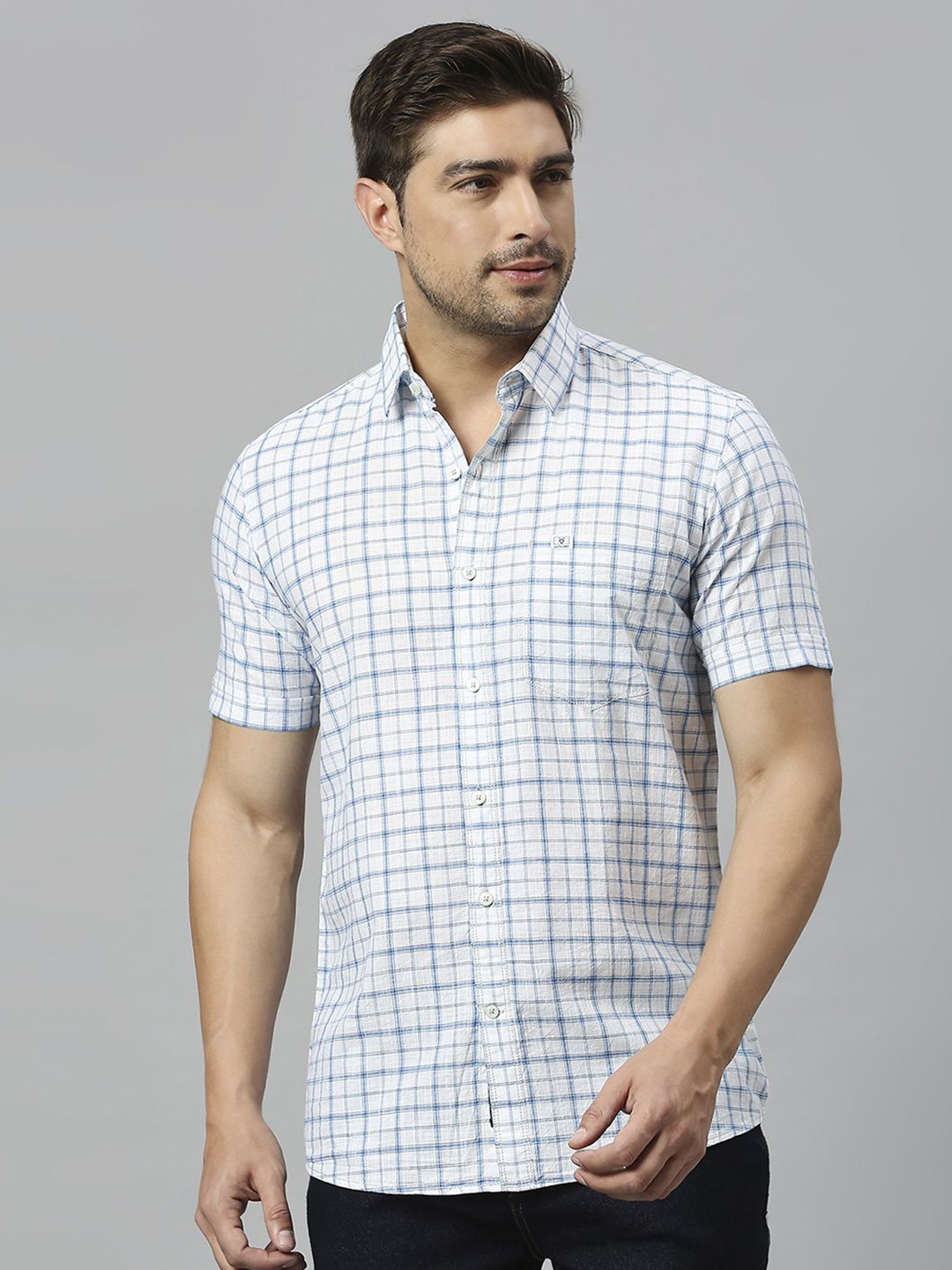 

Klub Fox Men Slim Fit Grid Tattersall Checks Opaque Checked Casual Shirt, Blue