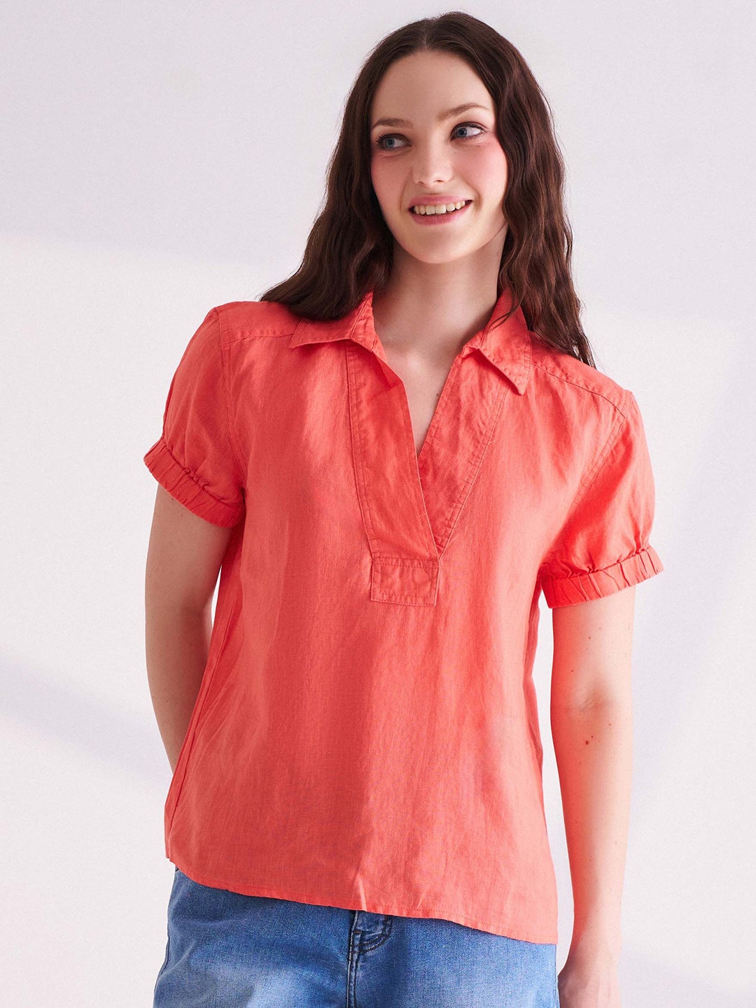 

B.Copenhagen Puff Sleeve Linen Shirt Style Top, Orange