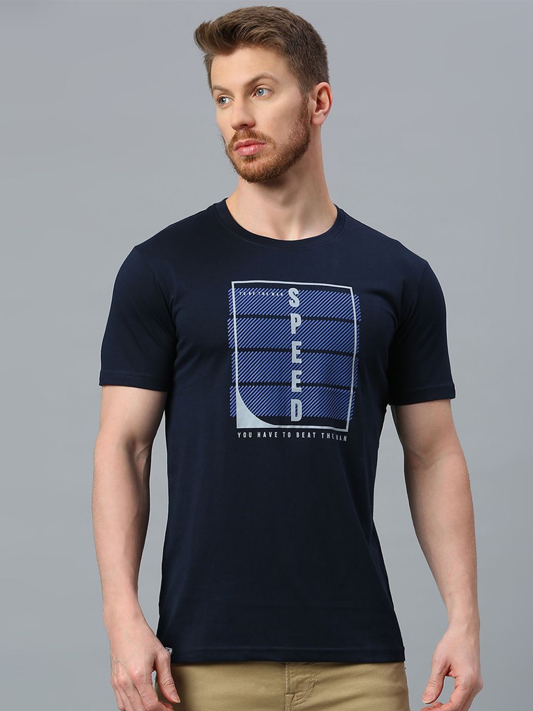 

Klub Fox Men Printed Raw Edge T-shirt, Navy blue