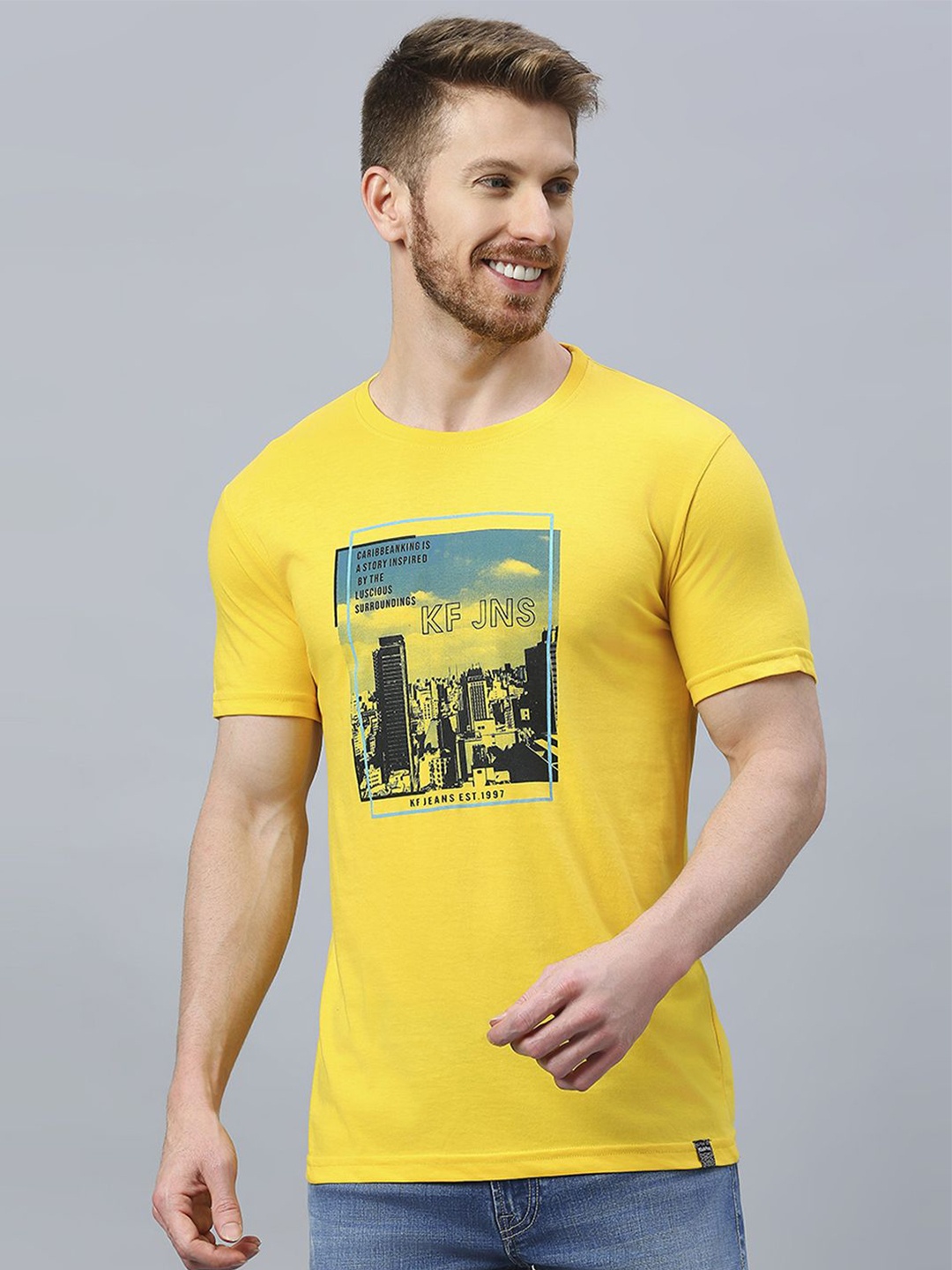 

Klub Fox Men Printed Tropical Applique T-shirt, Yellow