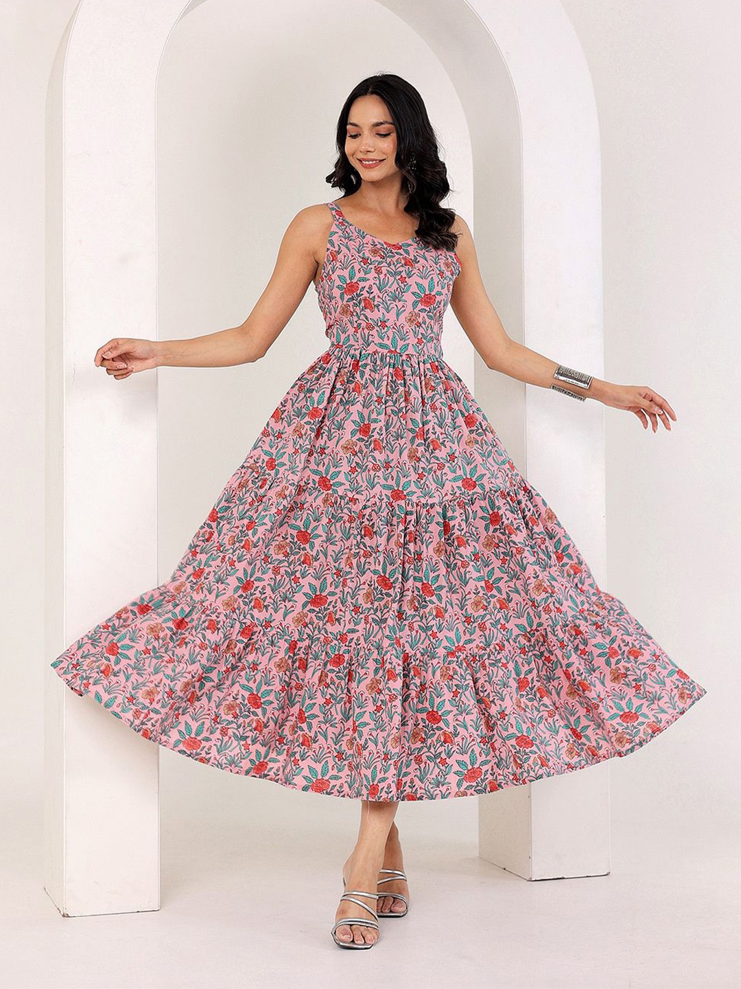 

GULAB CHAND TRENDS Floral Print Fit & Flare Maxi Dress, Pink