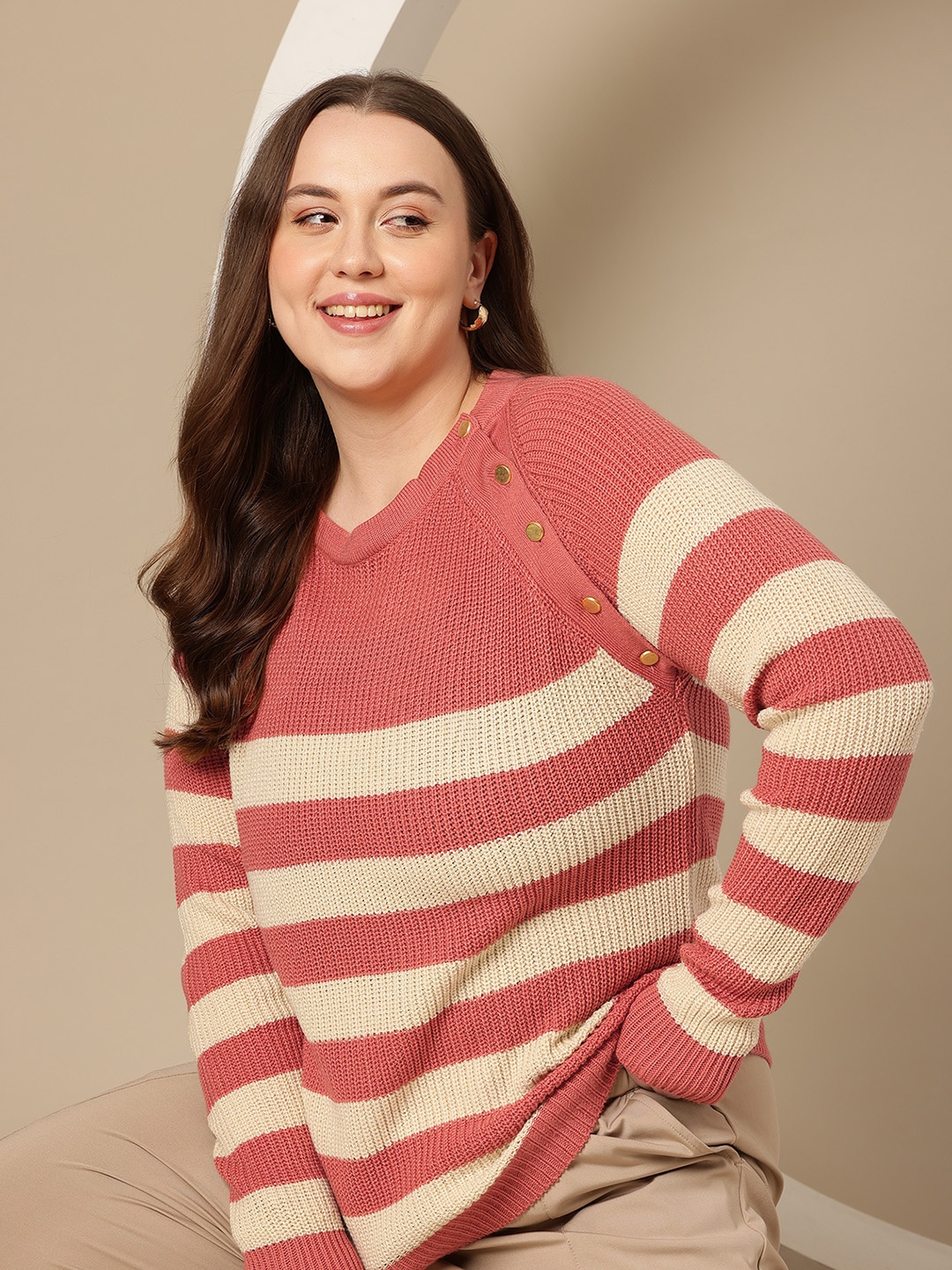 

Sztori Plus Size Horizontally Striped Cable Knitted Acrylic Pullover, Peach