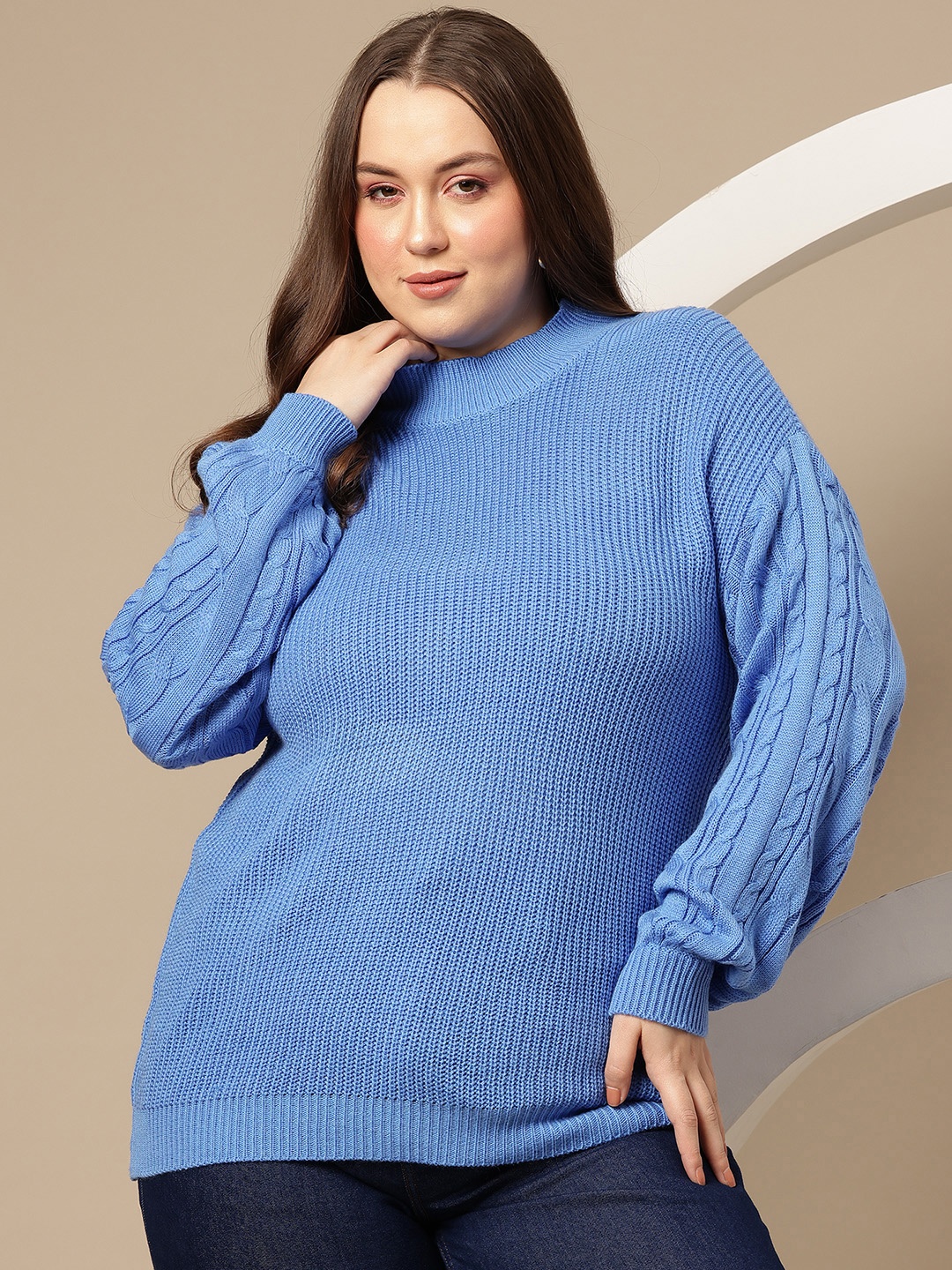 

Sztori Plus Size Acrylic Cable Knit Sleeves Ribbed Longline Pullover, Blue