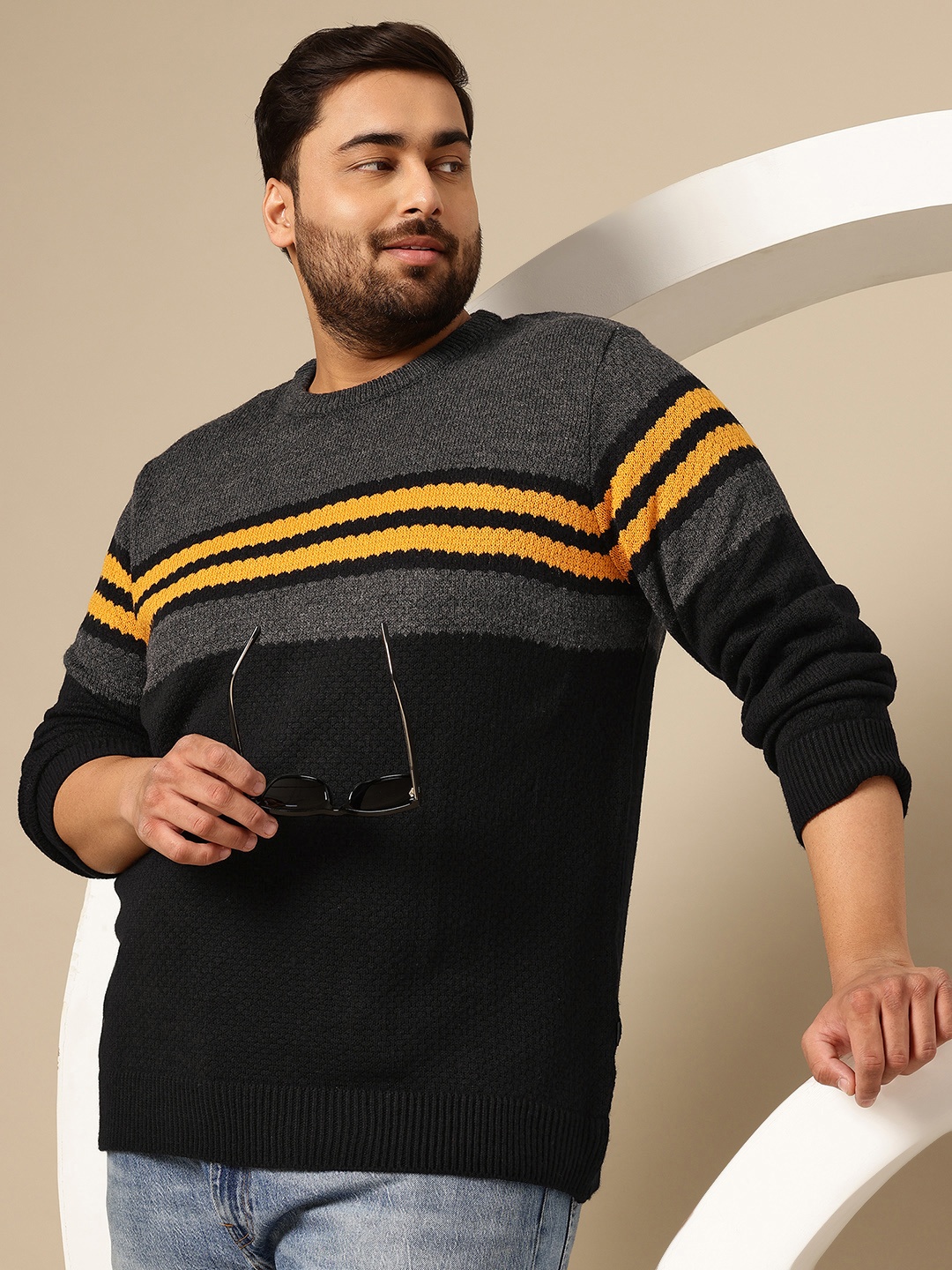 

Sztori Plus Size Striped Pure Acrylic Pullover, Black