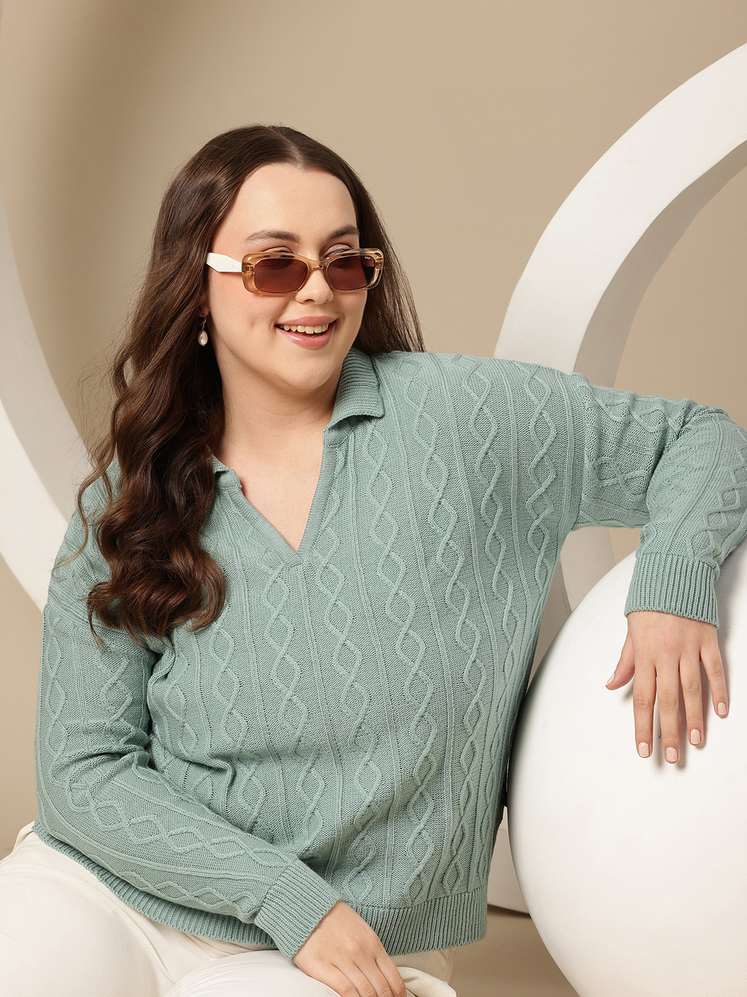 

Sztori Plus Size Shirt Collar Pullover, Sea green