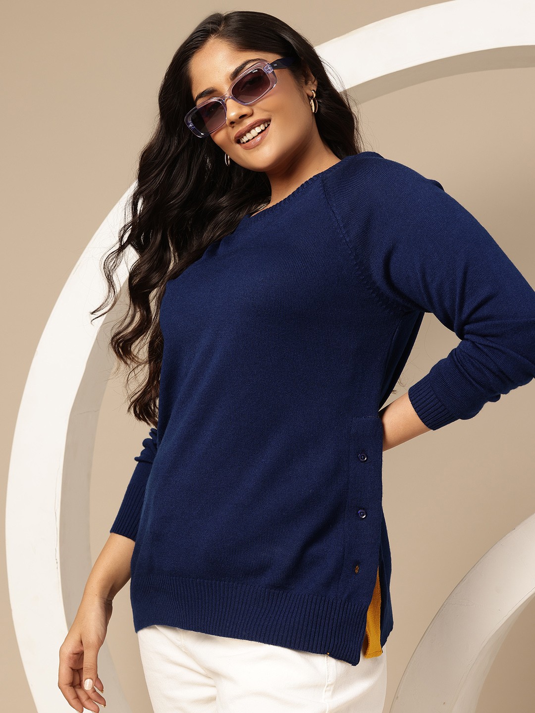 

Sztori Plus Size Button Slit Hem Pullover, Navy blue