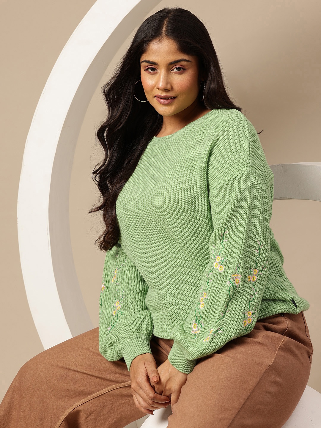 

Sztori Plus Size Acrylic Embroidered Detail Ribbed Pullover, Green