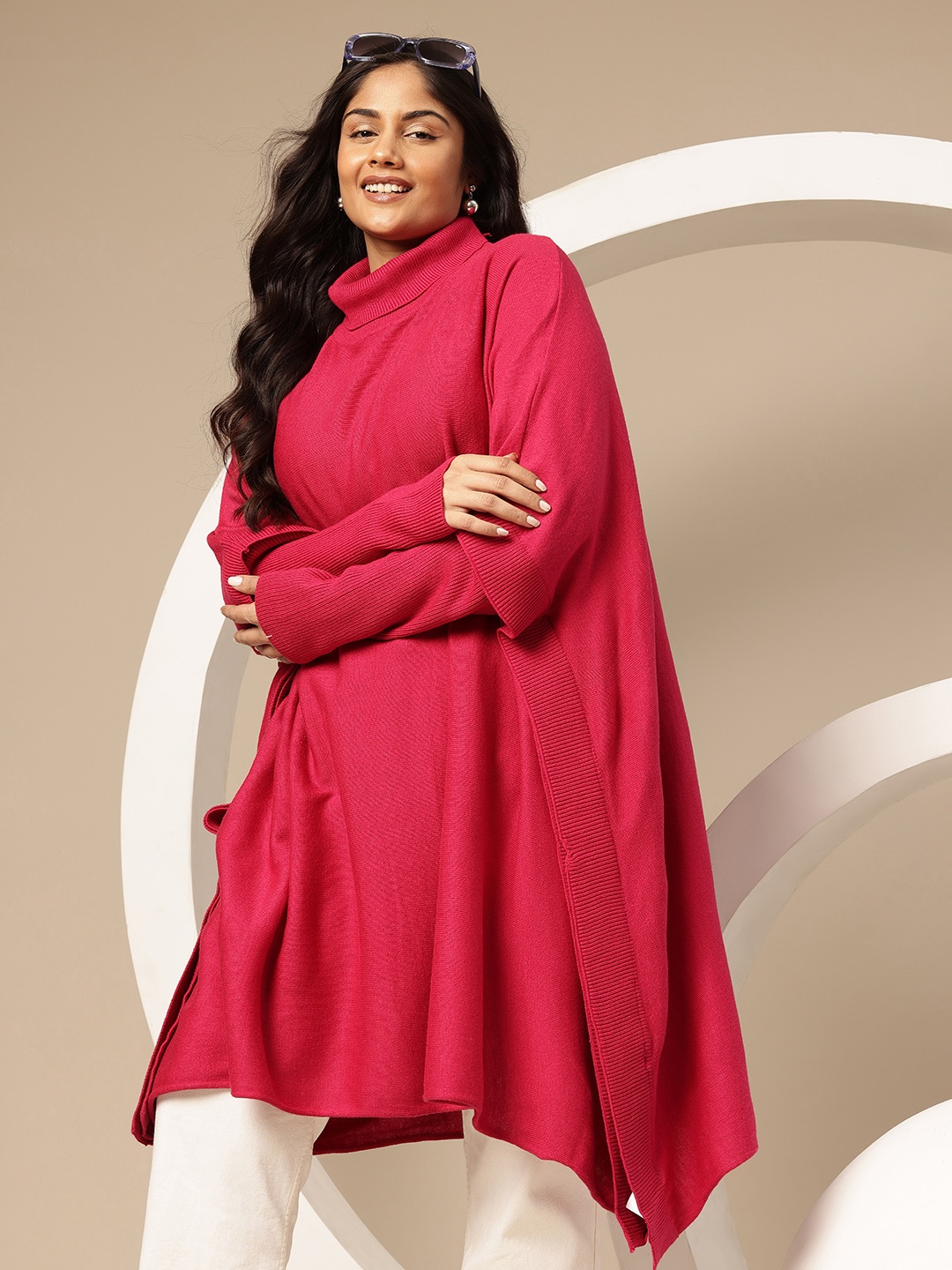 

Sztori Plus Size Turtle Neck Longline Poncho, Fuchsia