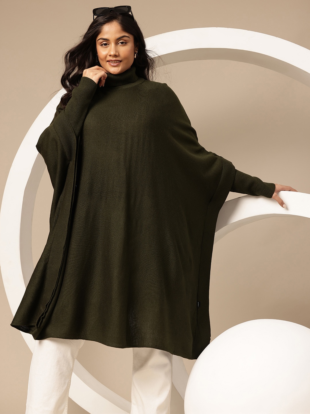 

Sztori Plus Size Turtle Neck Longline Poncho, Olive