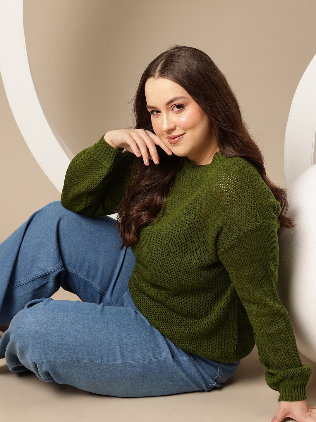 

Sztori Plus Size Open Knit Pullover, Olive