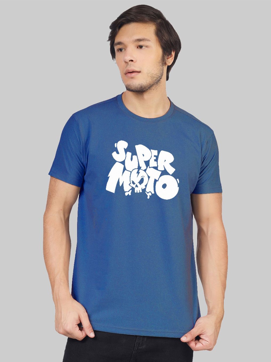 

Greylongg Men Printed V-Neck Extended Sleeves Applique T-shirt, Blue