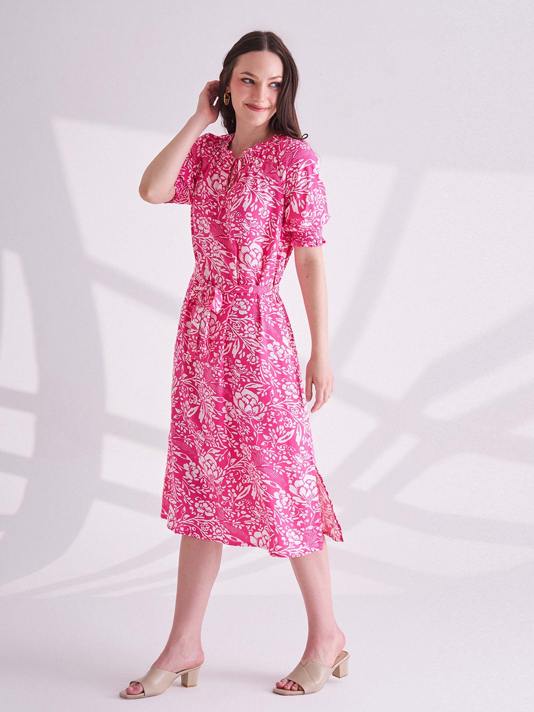 

B.Copenhagen Floral Print Fit & Flare Midi Dress, Pink