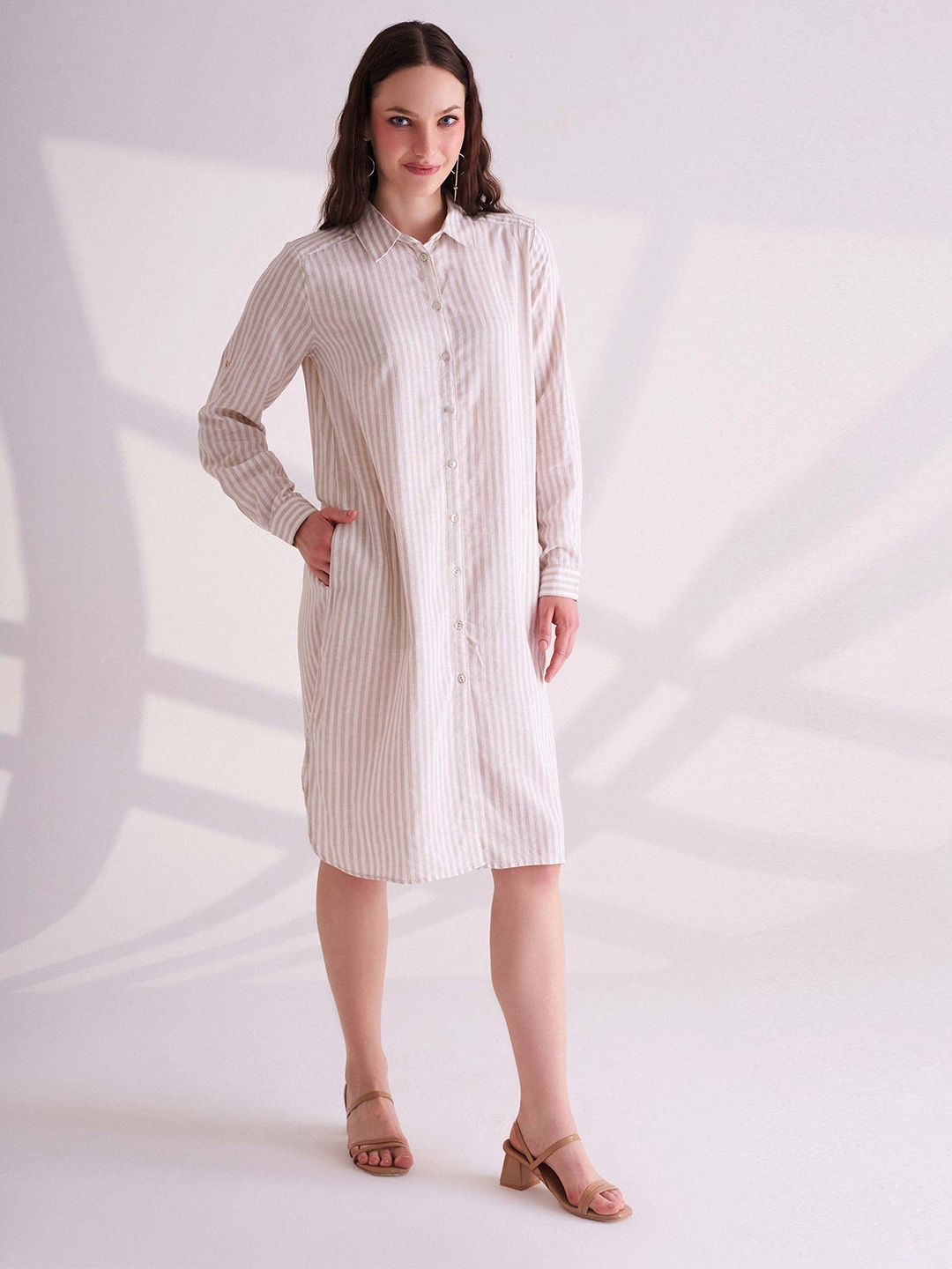 

B.Copenhagen Striped Shirt Dress, Beige