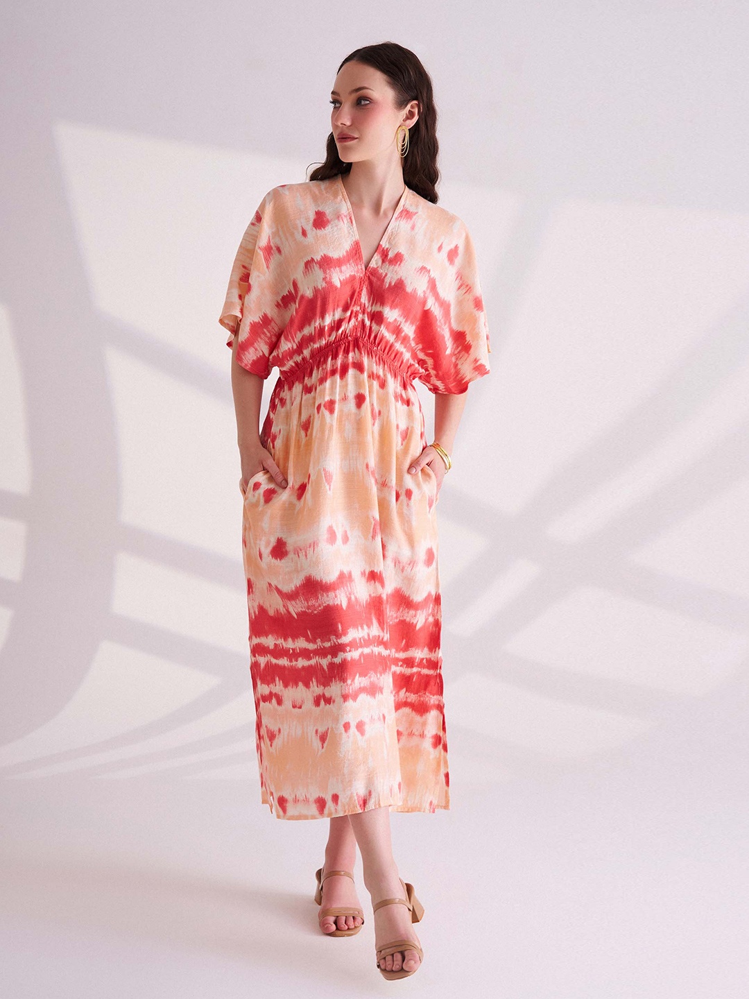 

B.Copenhagen Tie and Dye Print Flared Sleeve Fit & Flare Midi Dress, Orange