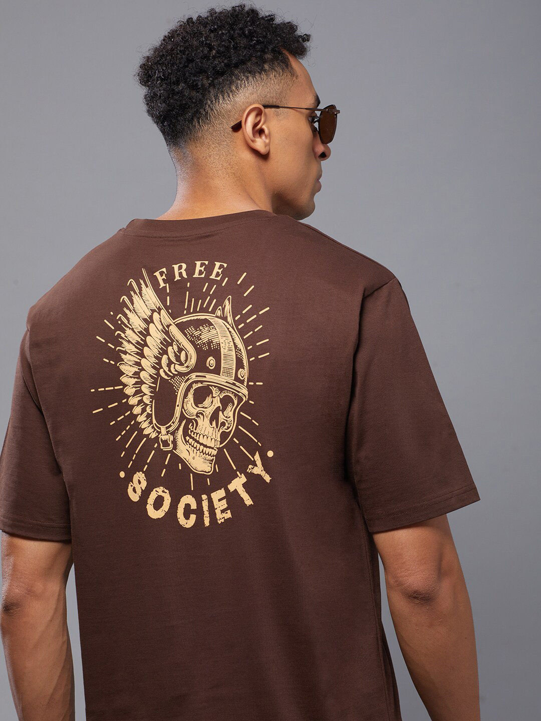 

FREE SOCIETY Men Typography Printed Extended Sleeves Applique T-shirt, Brown