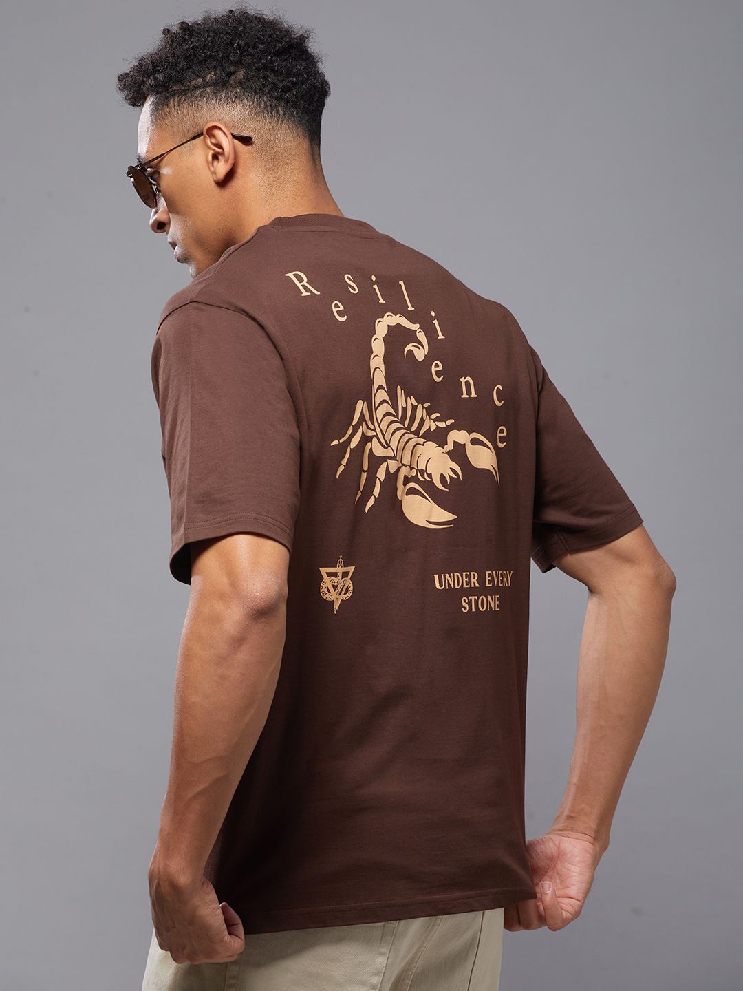 

FREE SOCIETY Men Typography Printed V-Neck Applique T-shirt, Brown