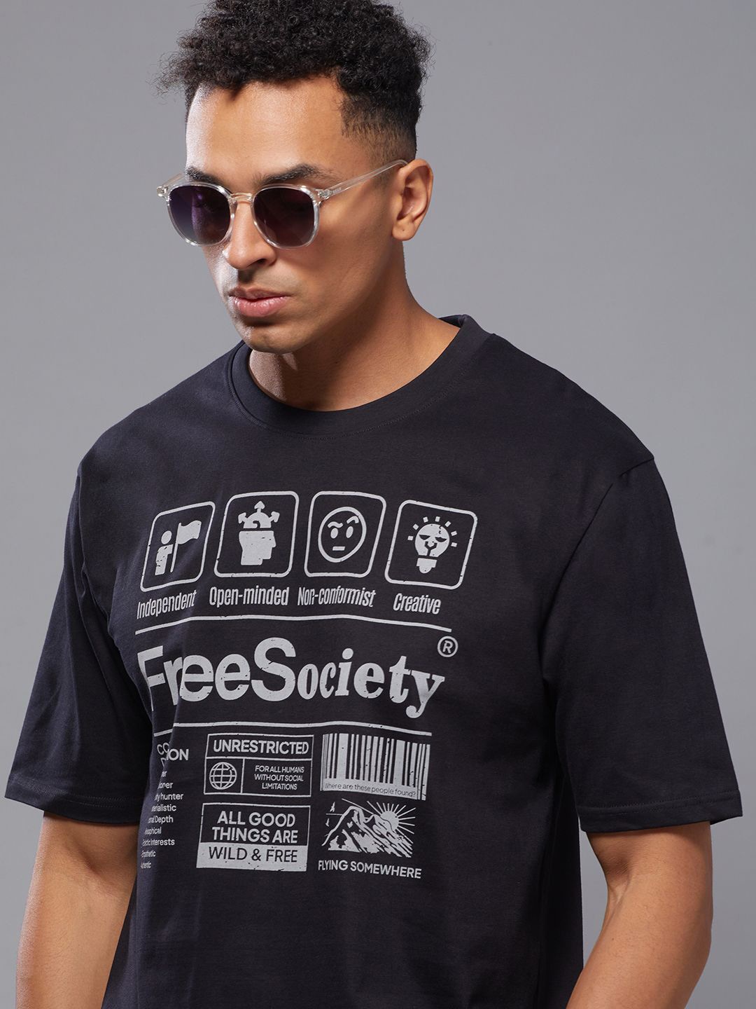 

FREE SOCIETY Men Typography Printed V-Neck Pockets T-shirt, Black