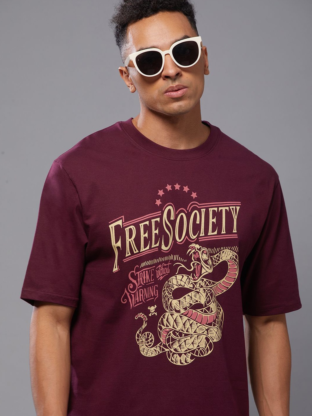 

FREE SOCIETY Men Printed Raw Edge T-shirt, Maroon