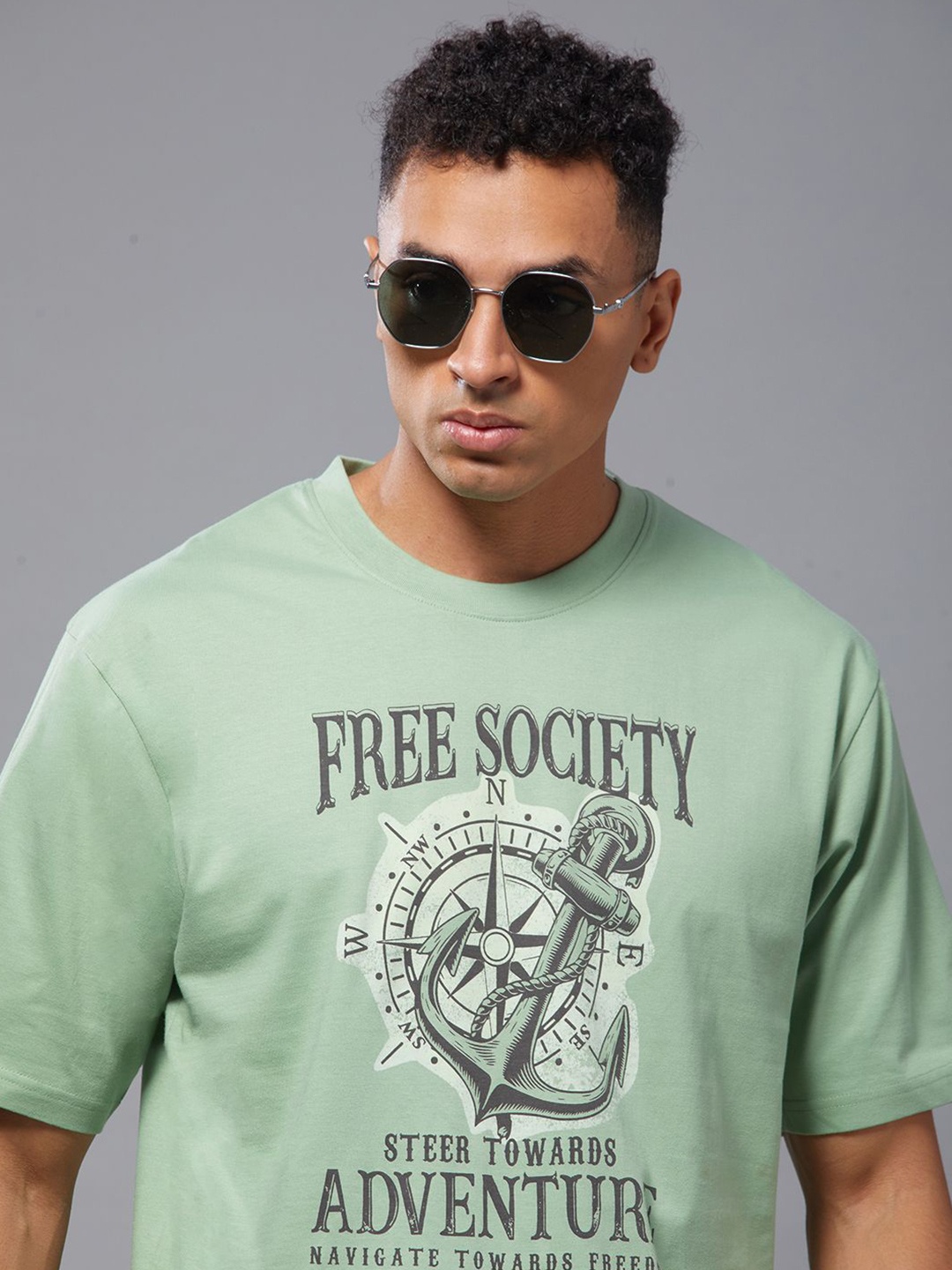 

FREE SOCIETY Men Typography Printed V-Neck Raw Edge T-shirt, Green