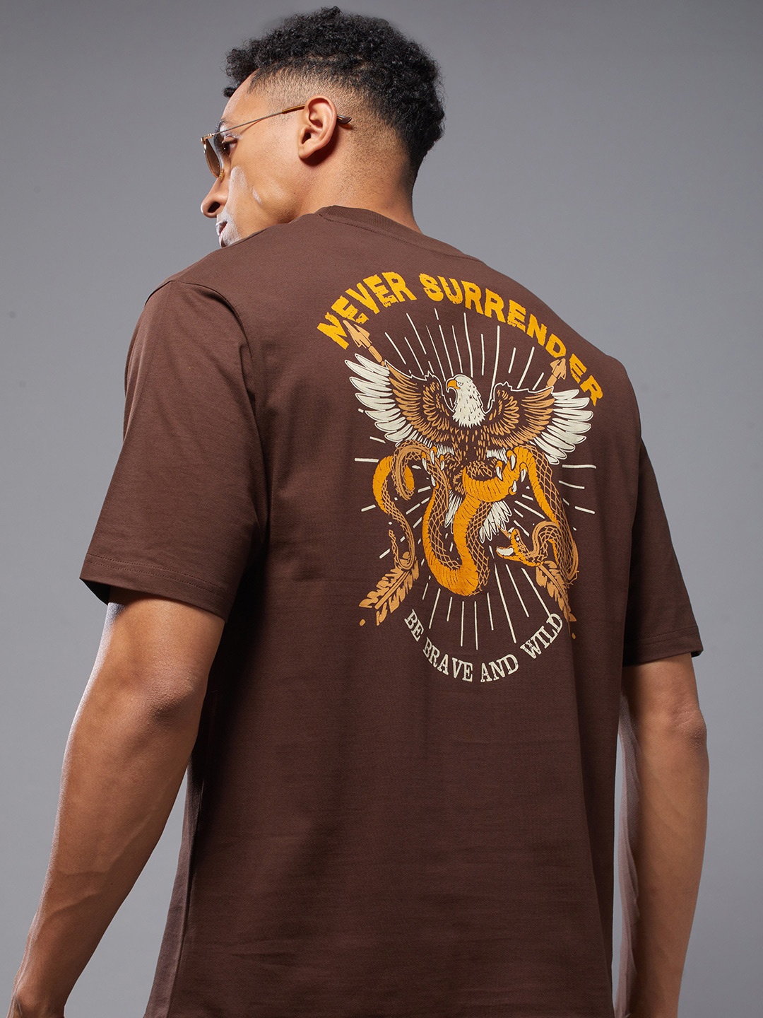 

FREE SOCIETY Men Typography Printed Hooded Applique T-shirt, Brown