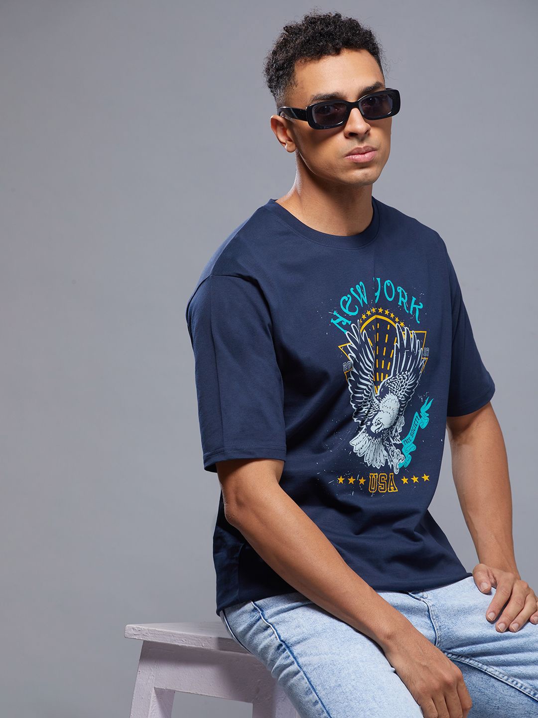 

FREE SOCIETY Men Printed Raw Edge T-shirt, Navy blue