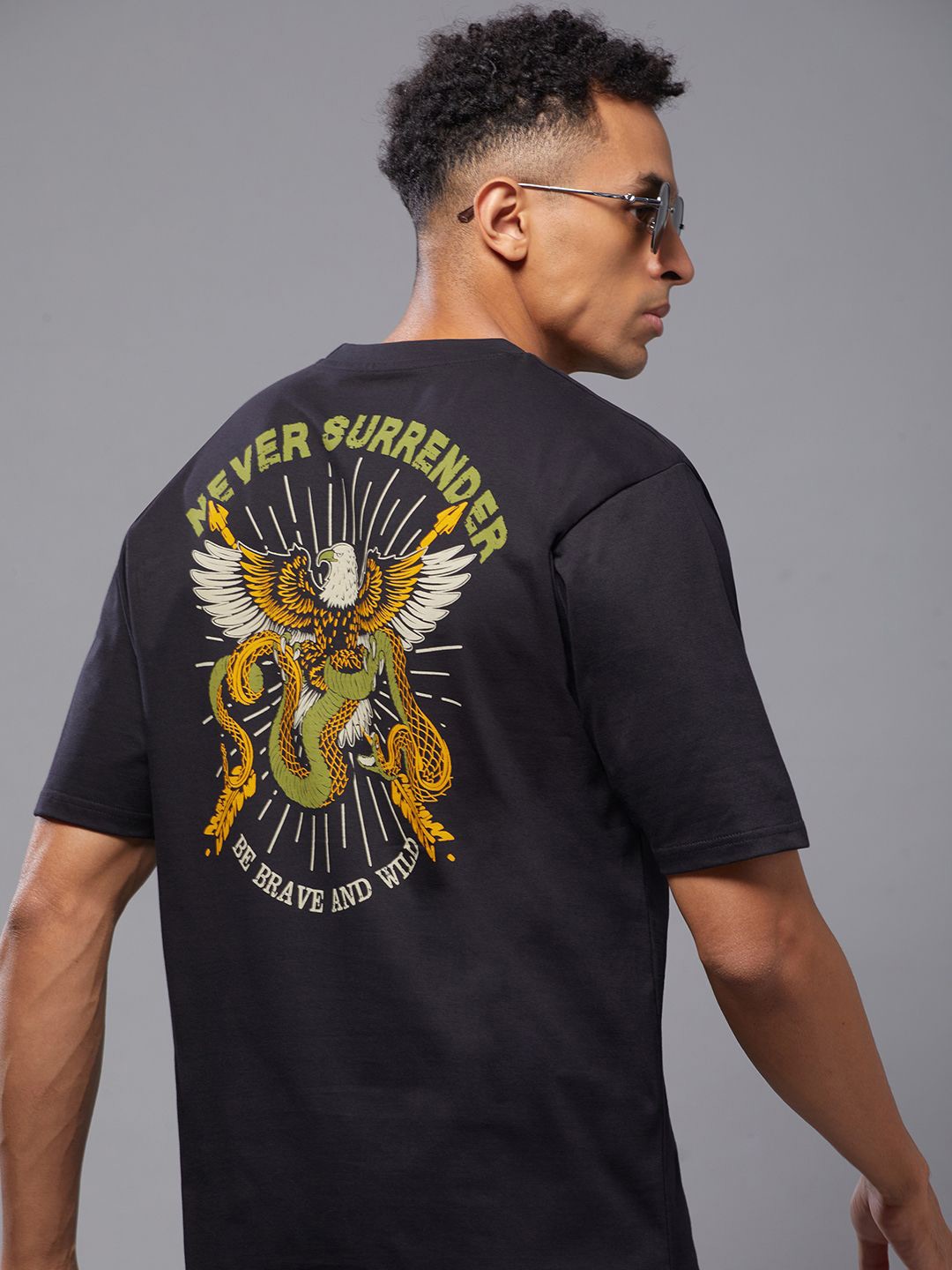

FREE SOCIETY Men Printed V-Neck Applique T-shirt, Black