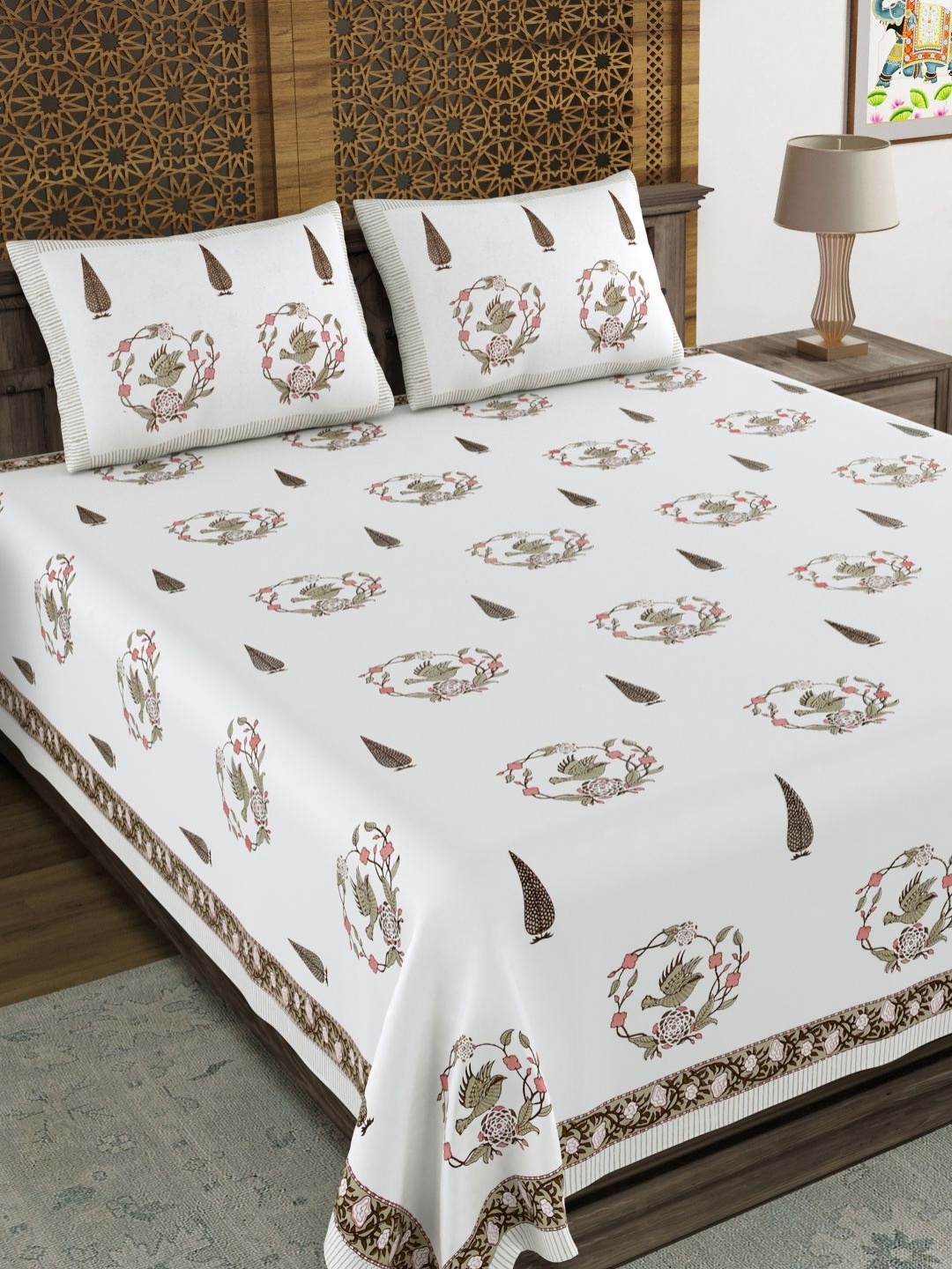 

BLOCKS OF INDIA White Ethnic Motifs 210 TC King Bedsheet with 2 Pillow Covers