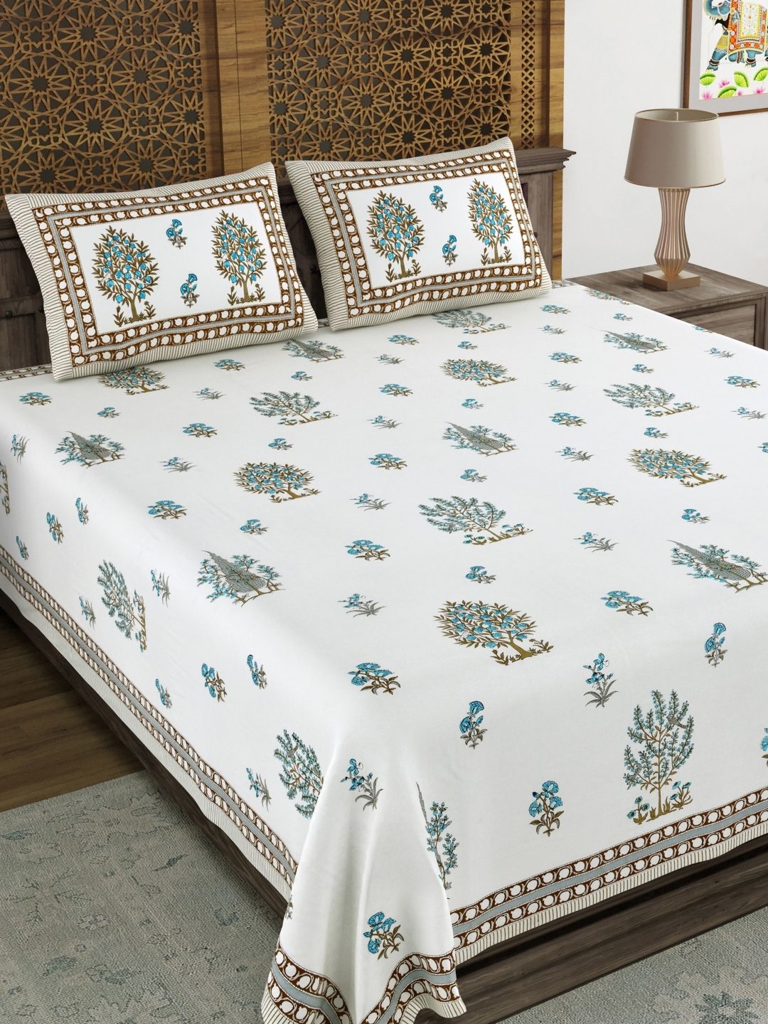 

BLOCKS OF INDIA Blue & White Ethnic Motifs 210 TC King Bedsheet with 2 Pillow Covers